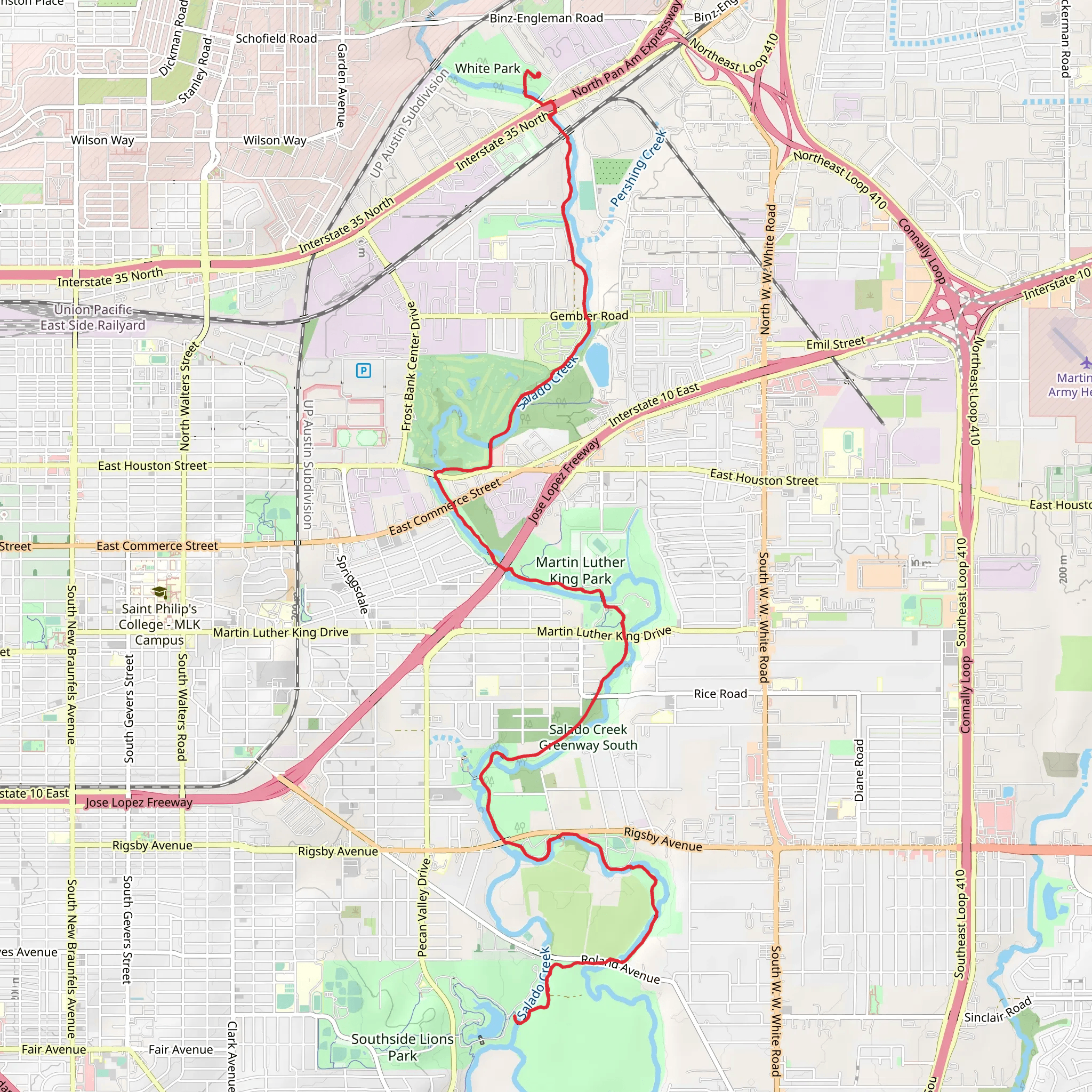 Lions Park Lake via Salado Creek greenway Trail from Segiun Road mobile static map