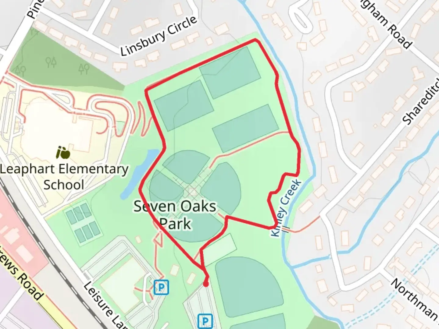 An image depicting the trail Seven Oaks Park Loop and its surrounding area.