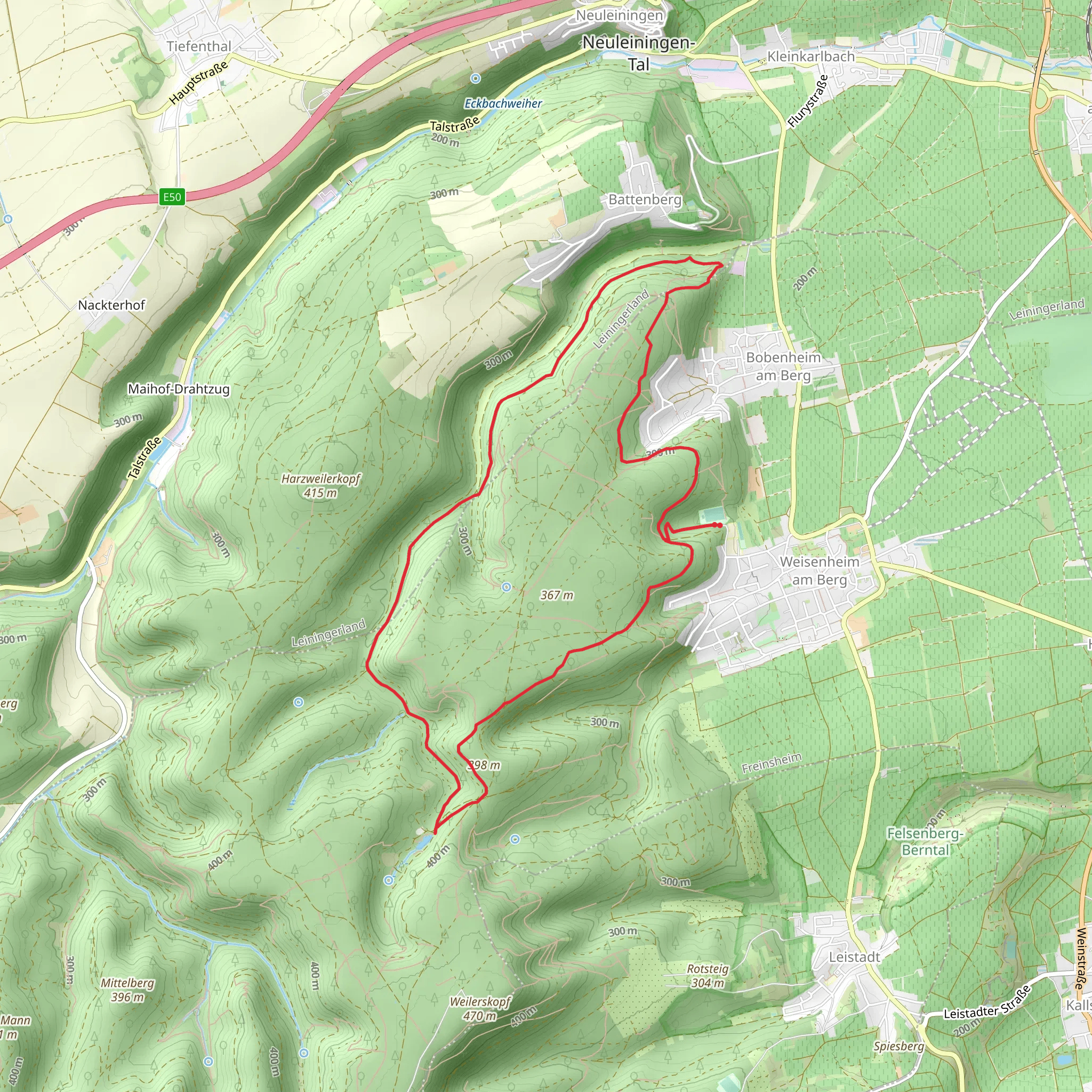 Wasserwerk, Am Hauschen and ungeheuersee Loop via Weisenheim am Berg RW 1 mobile static map