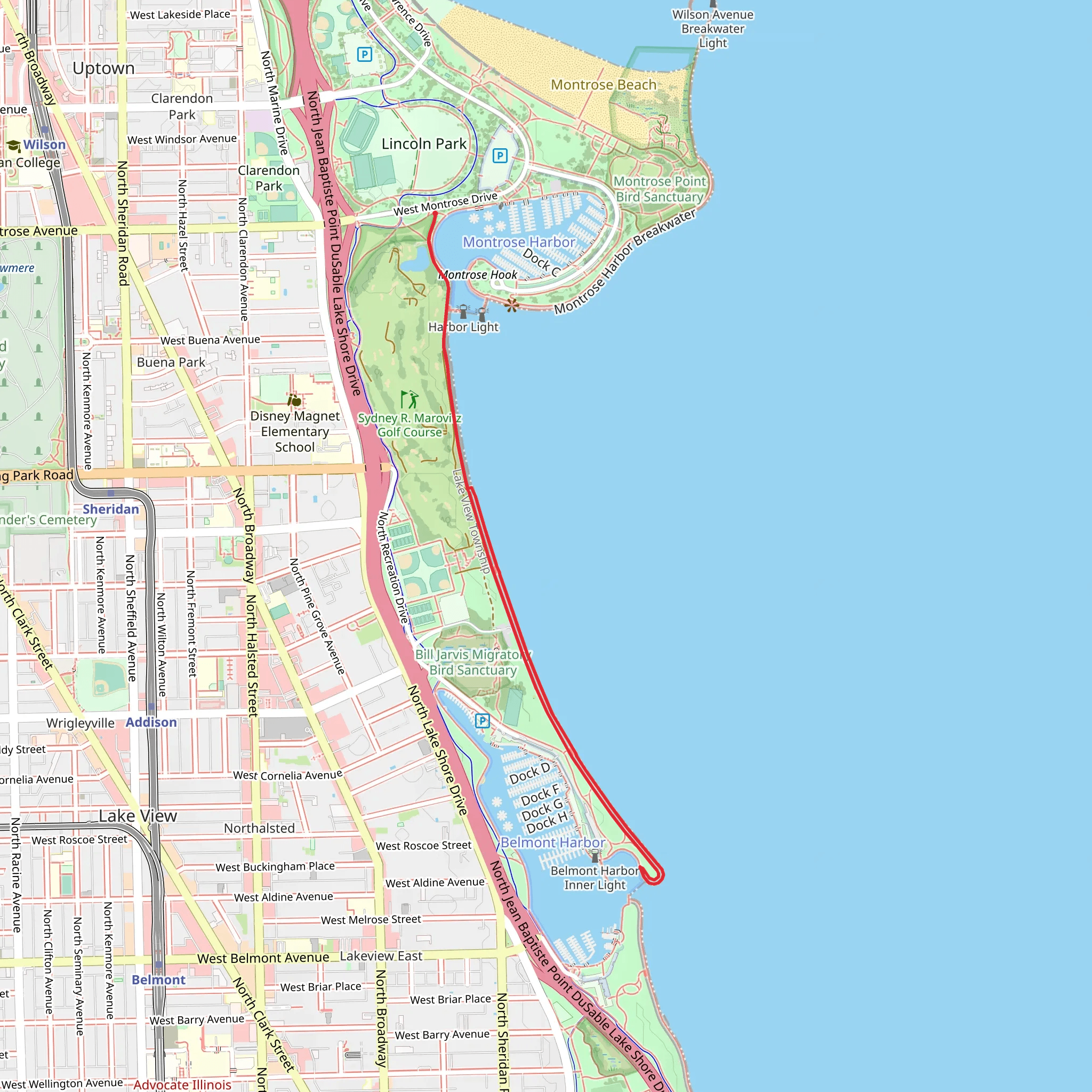 Montrose Harbor to Belmont Harbor mobile static map