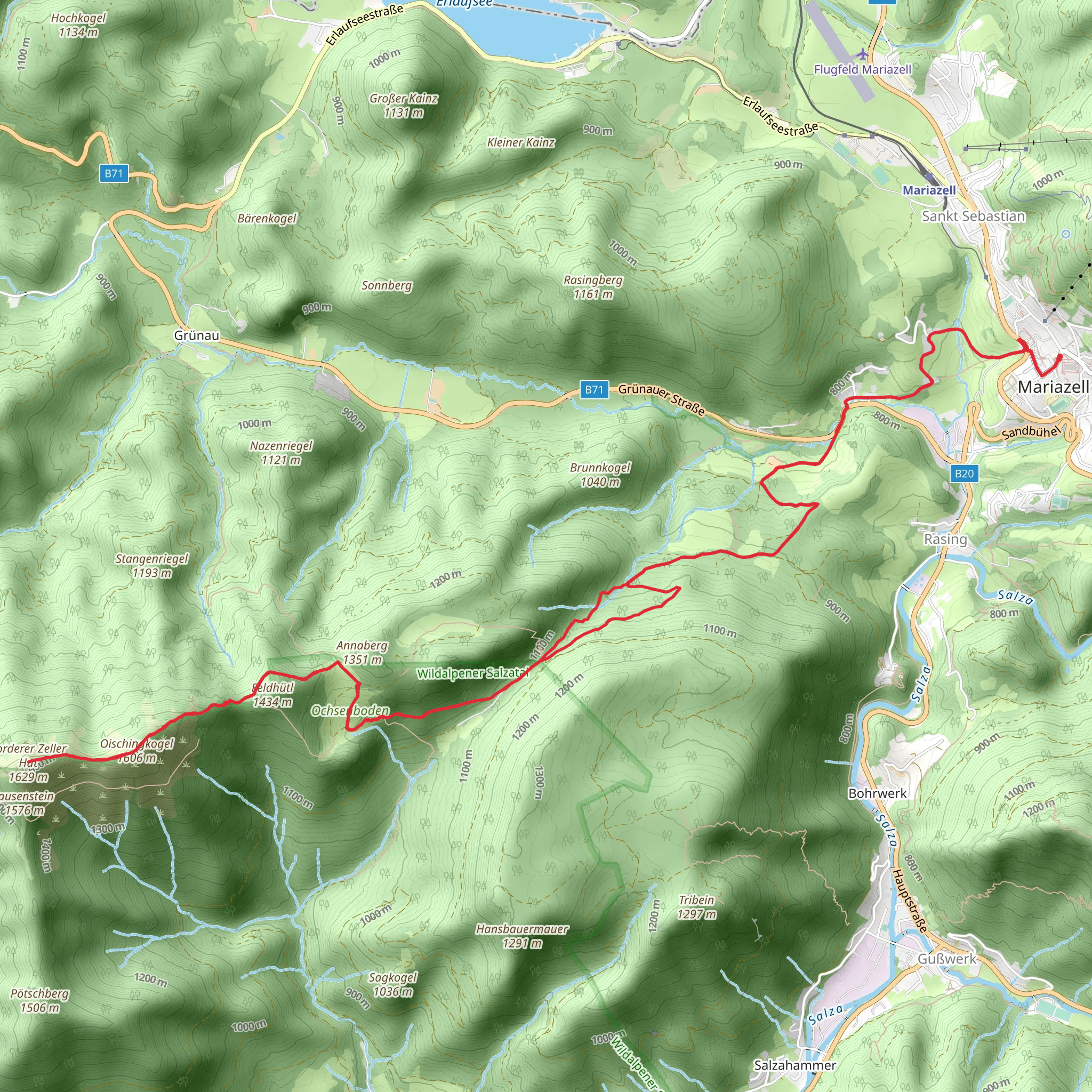 Oischingkogel and Vorderer Zeller Hut from Mariazell mobile static map