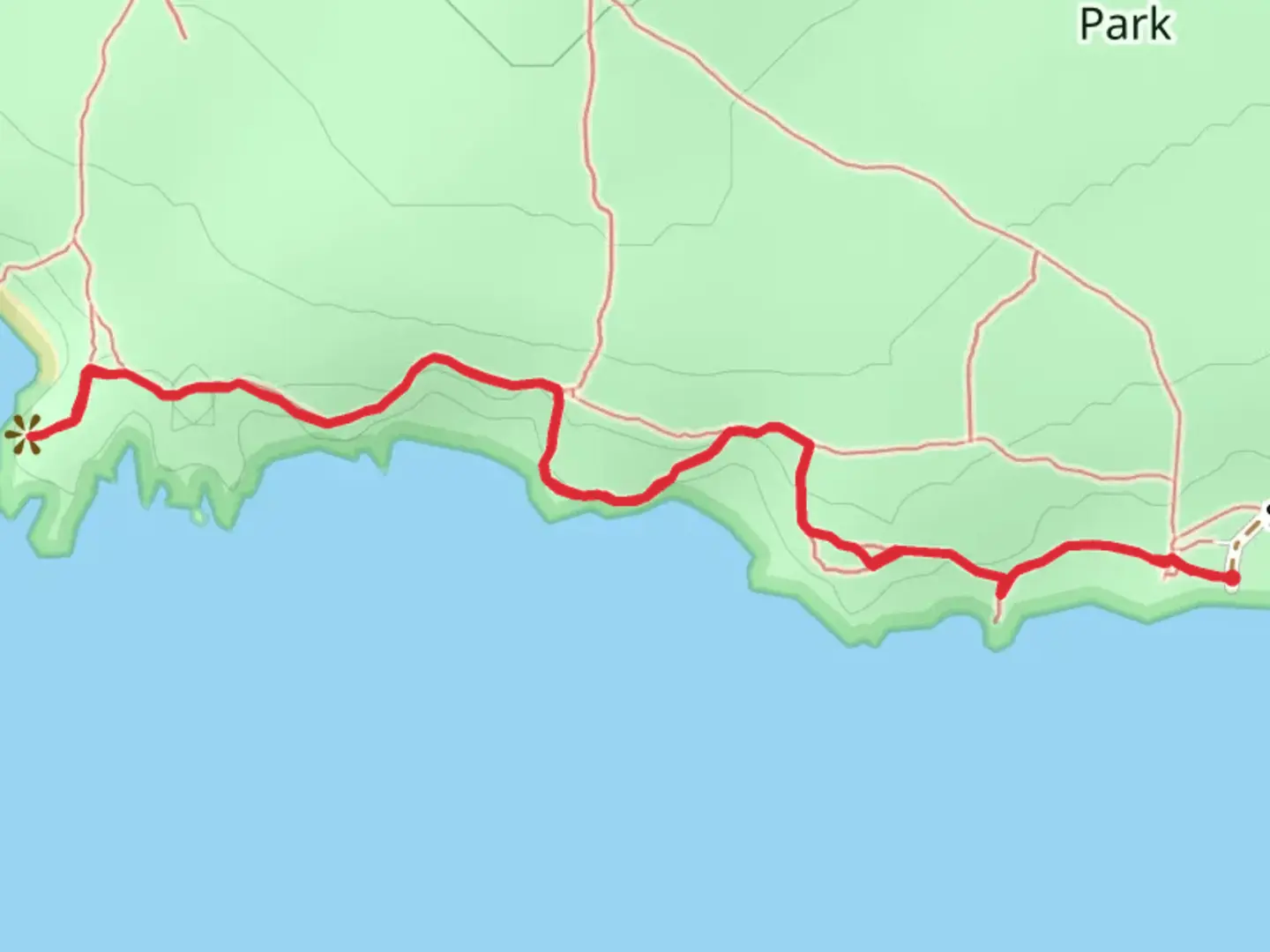 An image depicting the trail Grandma's Cove and Crood Cove via South Beach Trail and its surrounding area.