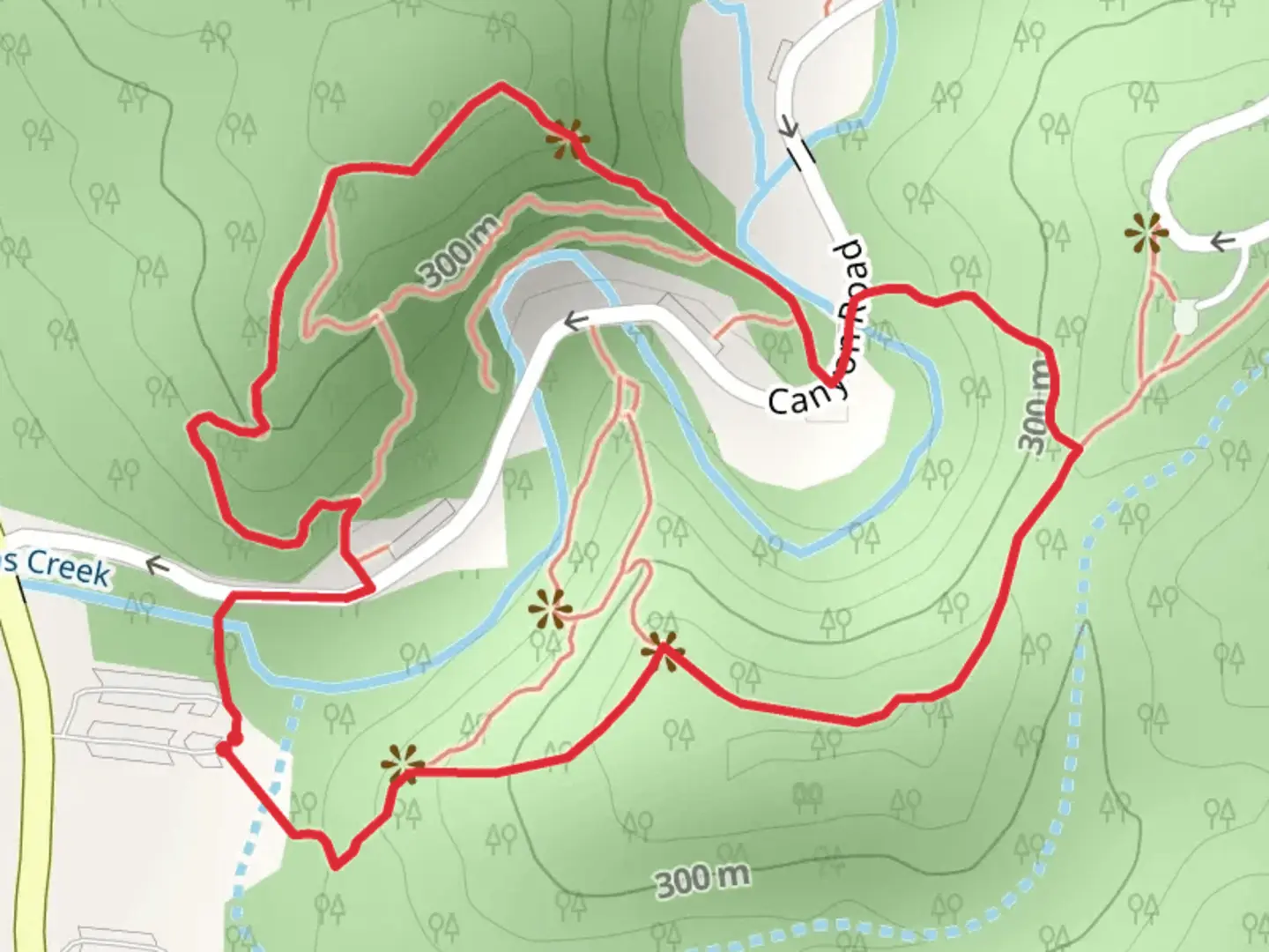 An image depicting the trail Loop around Peas Creek and its surrounding area.