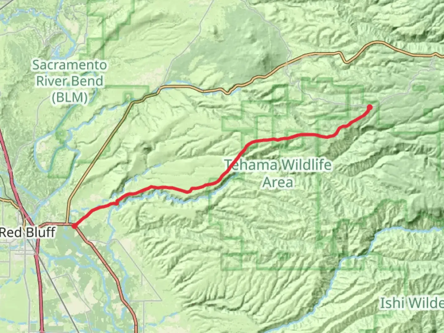 An image depicting the trail Hogsback Road and its surrounding area.