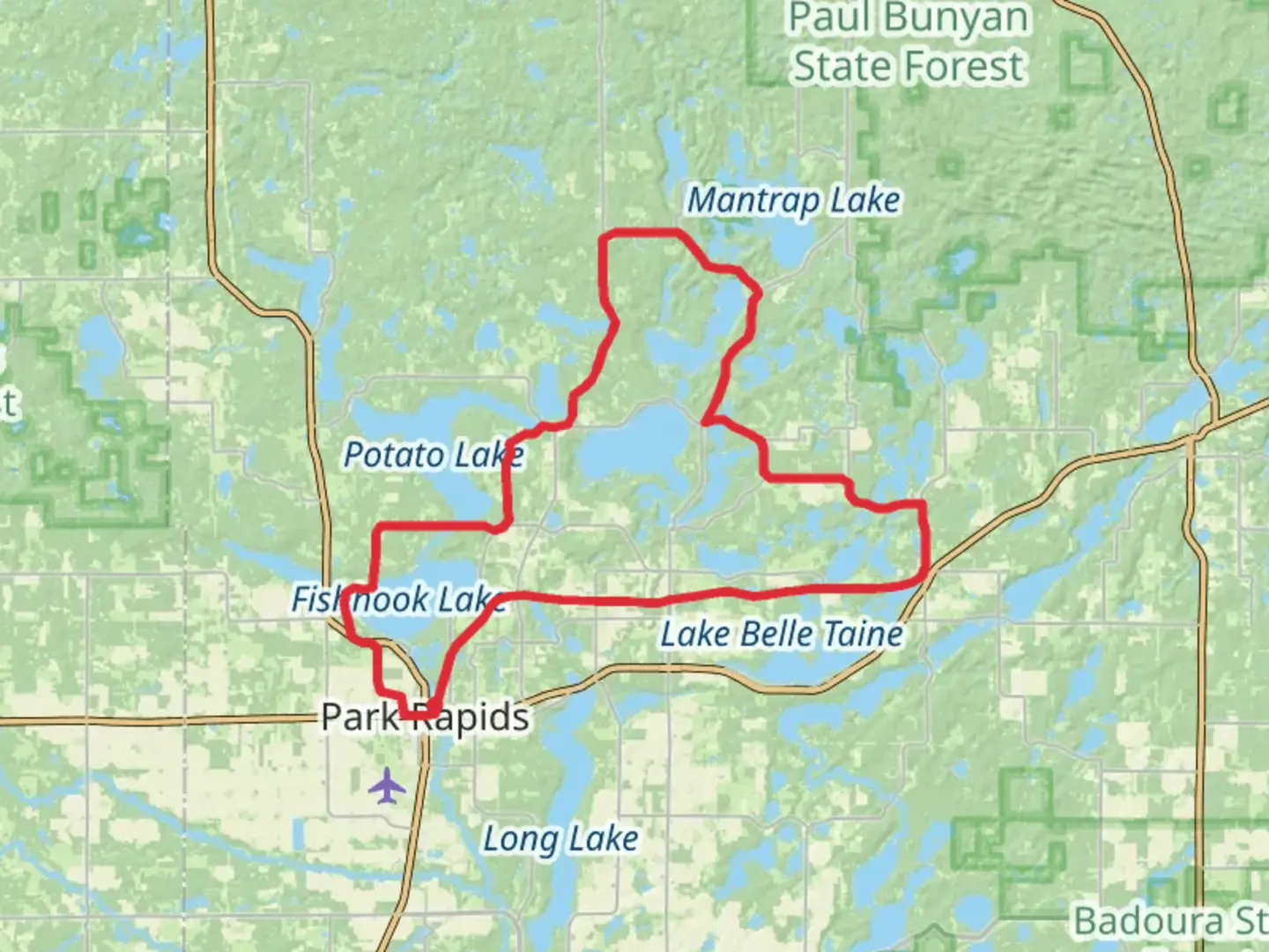 An image depicting the trail Park Rapids - Emmaville - Nevis Trail Loop and its surrounding area.