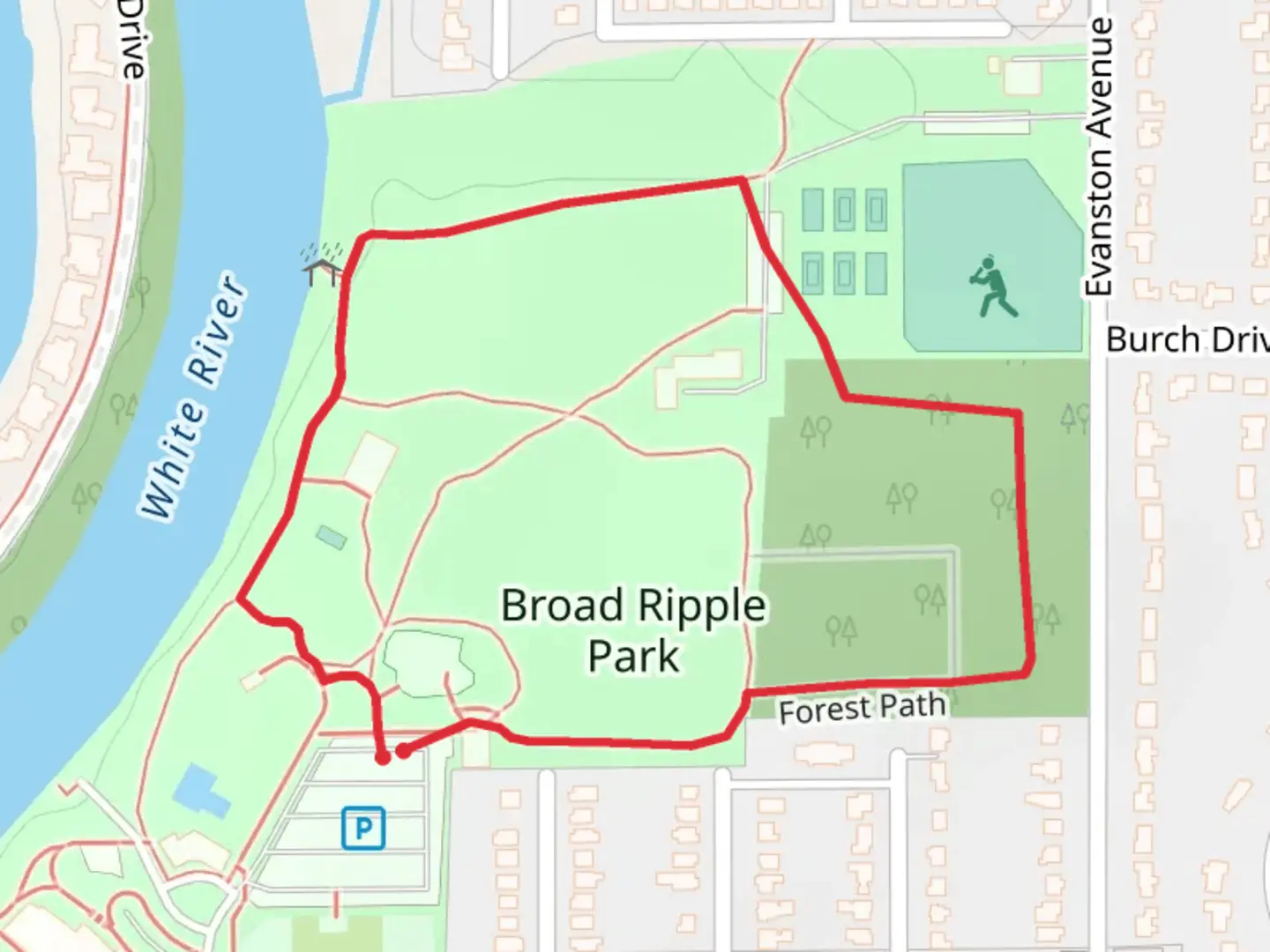 An image depicting the trail Broad Ripple Park Loop and its surrounding area.