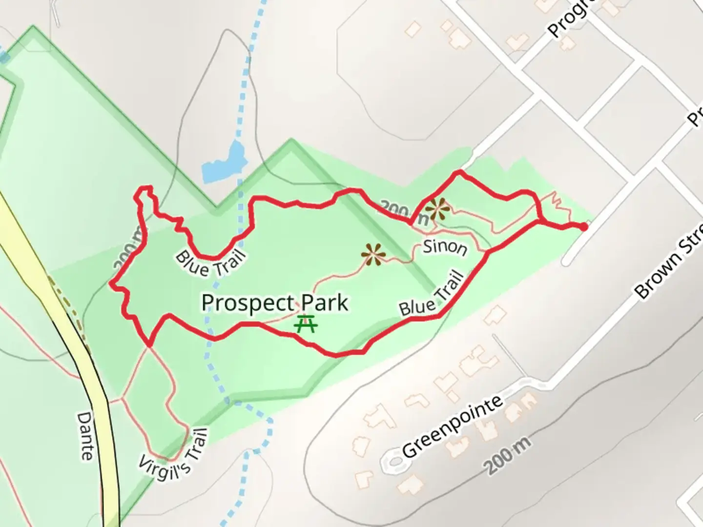 An image depicting the trail Prospect Park Loop and its surrounding area.