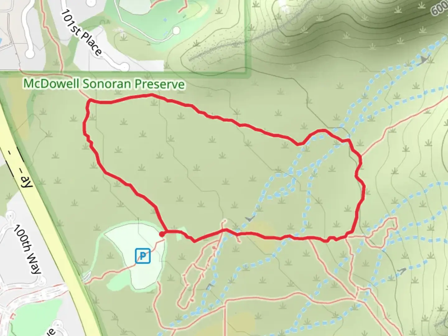 An image depicting the trail Saguaro, Horseshoe and Desert Park Loop Trail and its surrounding area.