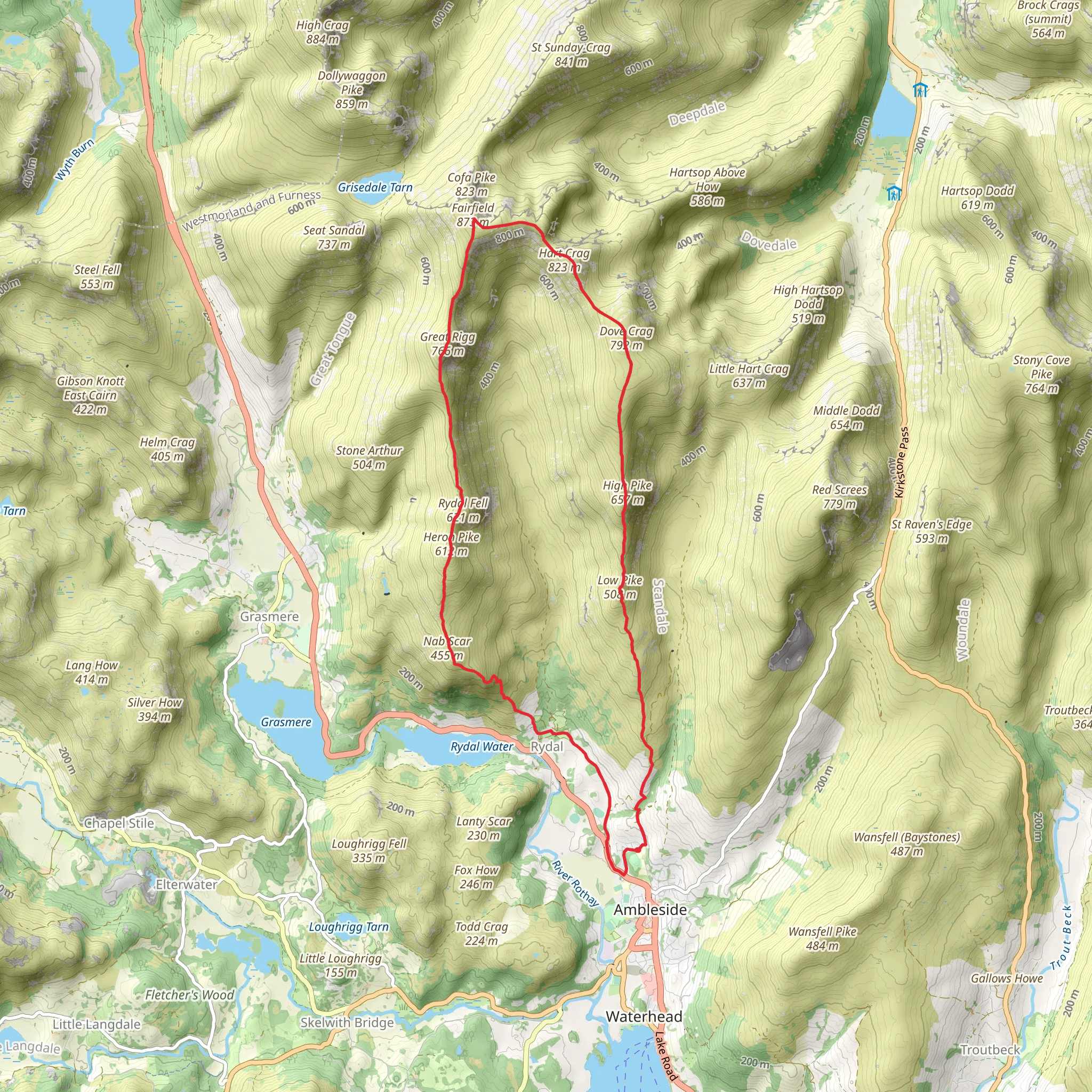 High Pike, Fairfield, and Hart Crag Loop from Ambleside mobile static map