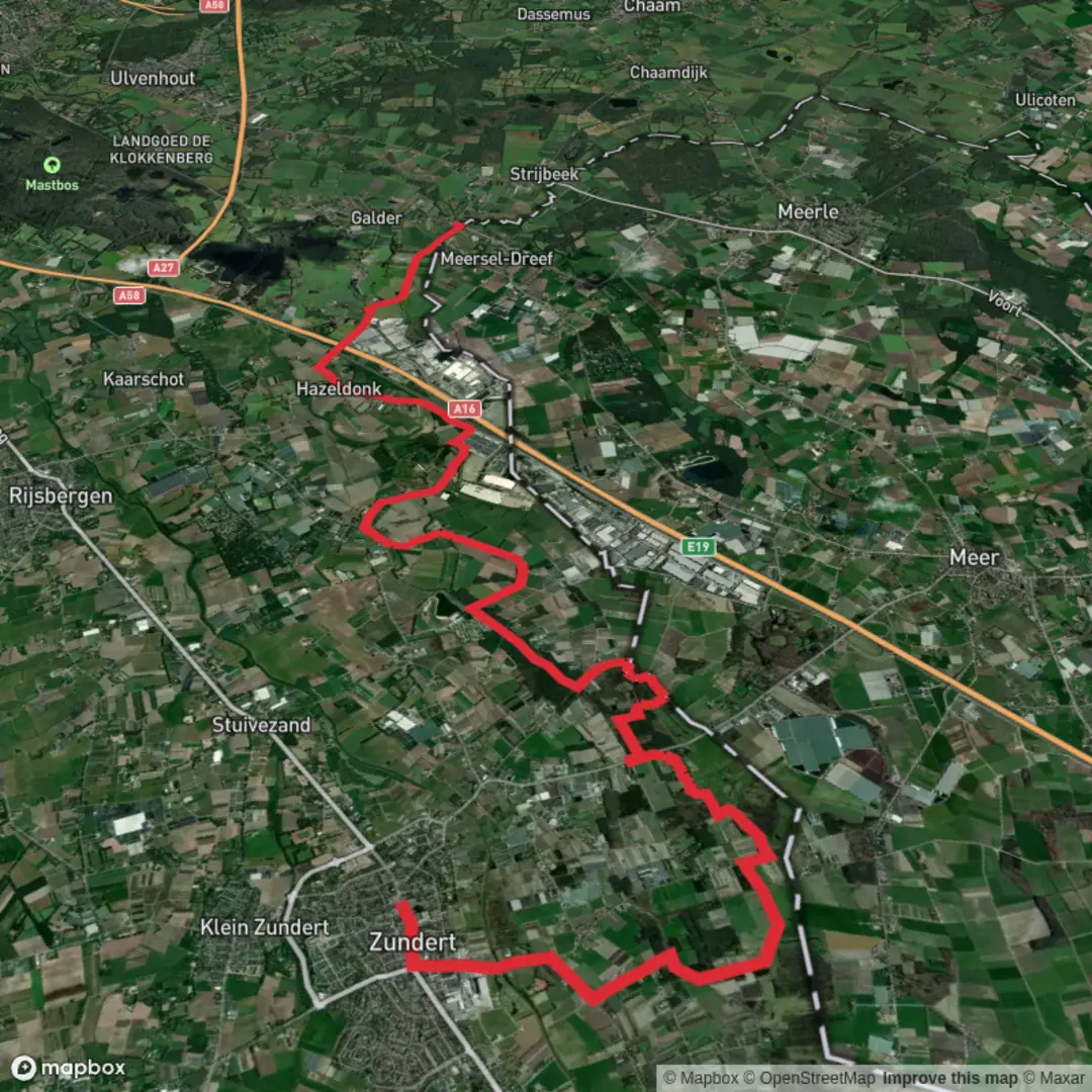 An image depicting the trail Zundert to Galder via De Beemden and Kerzelse Weg and its surrounding area.