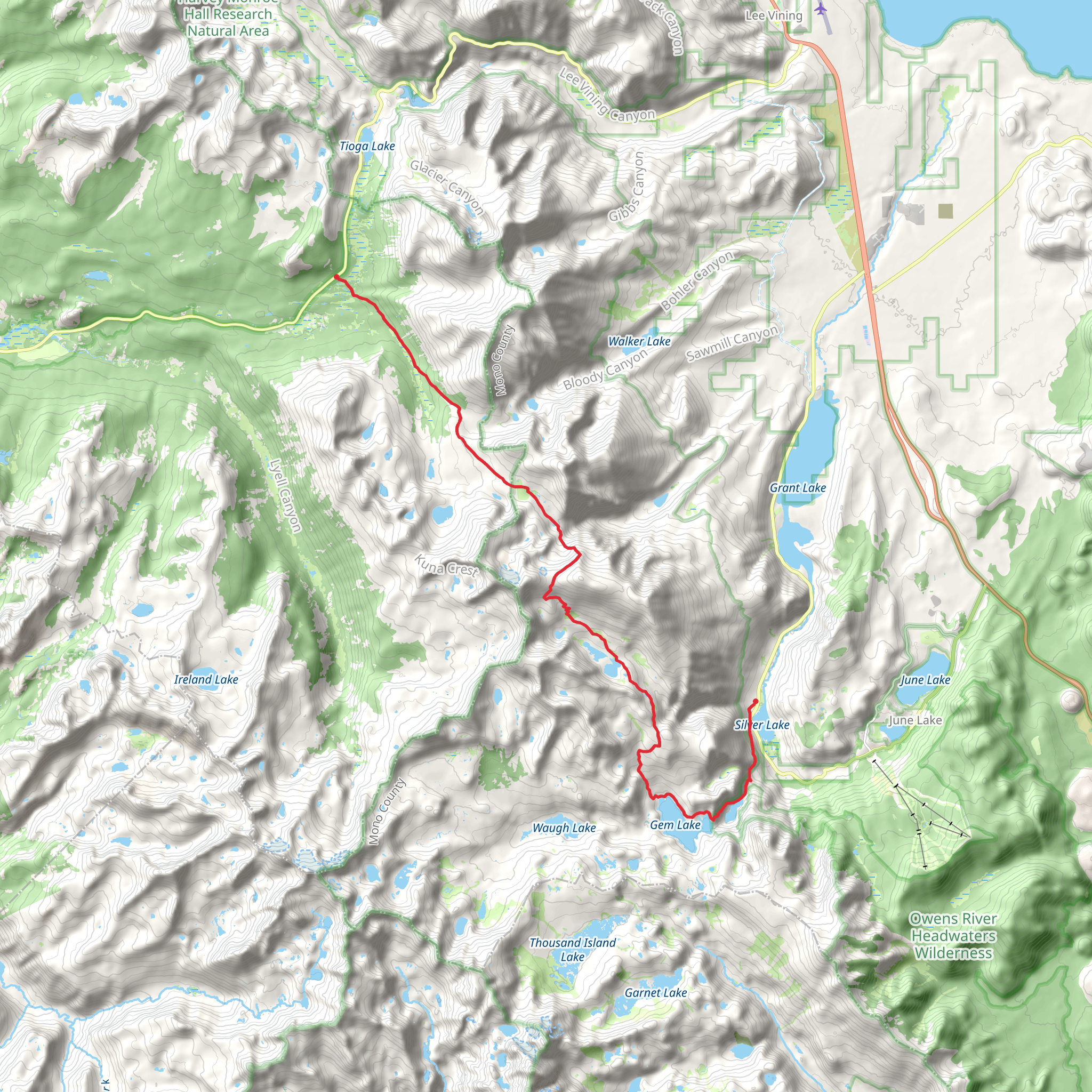 Rush Creek, Gem Lake, Koip Peak Pass and Mono Pass Trail mobile static map