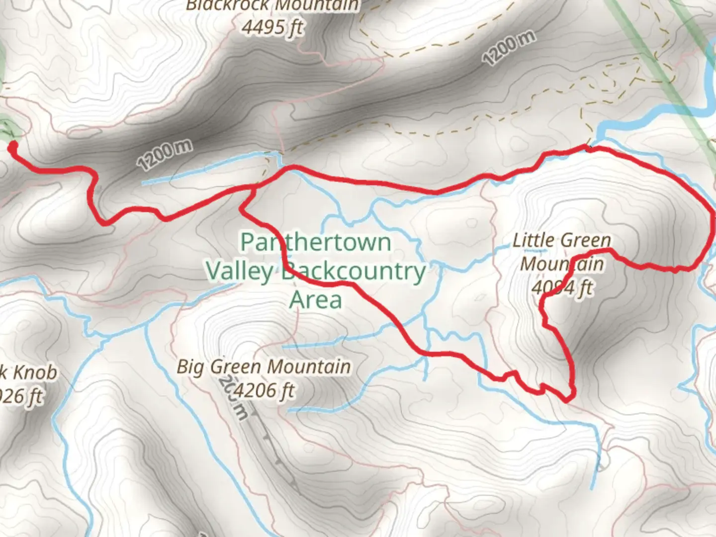 An image depicting the trail Panthertown Valley Trail to Mac's Gap Loop Trail and its surrounding area.