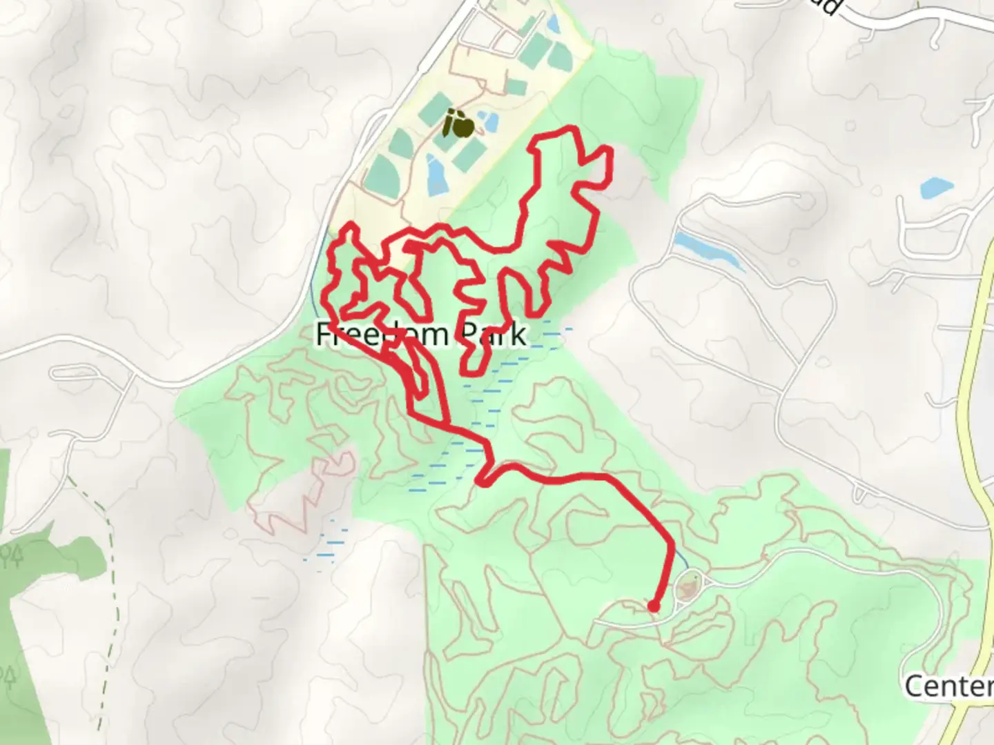An image depicting the trail Freedom Park Loop - D and its surrounding area.
