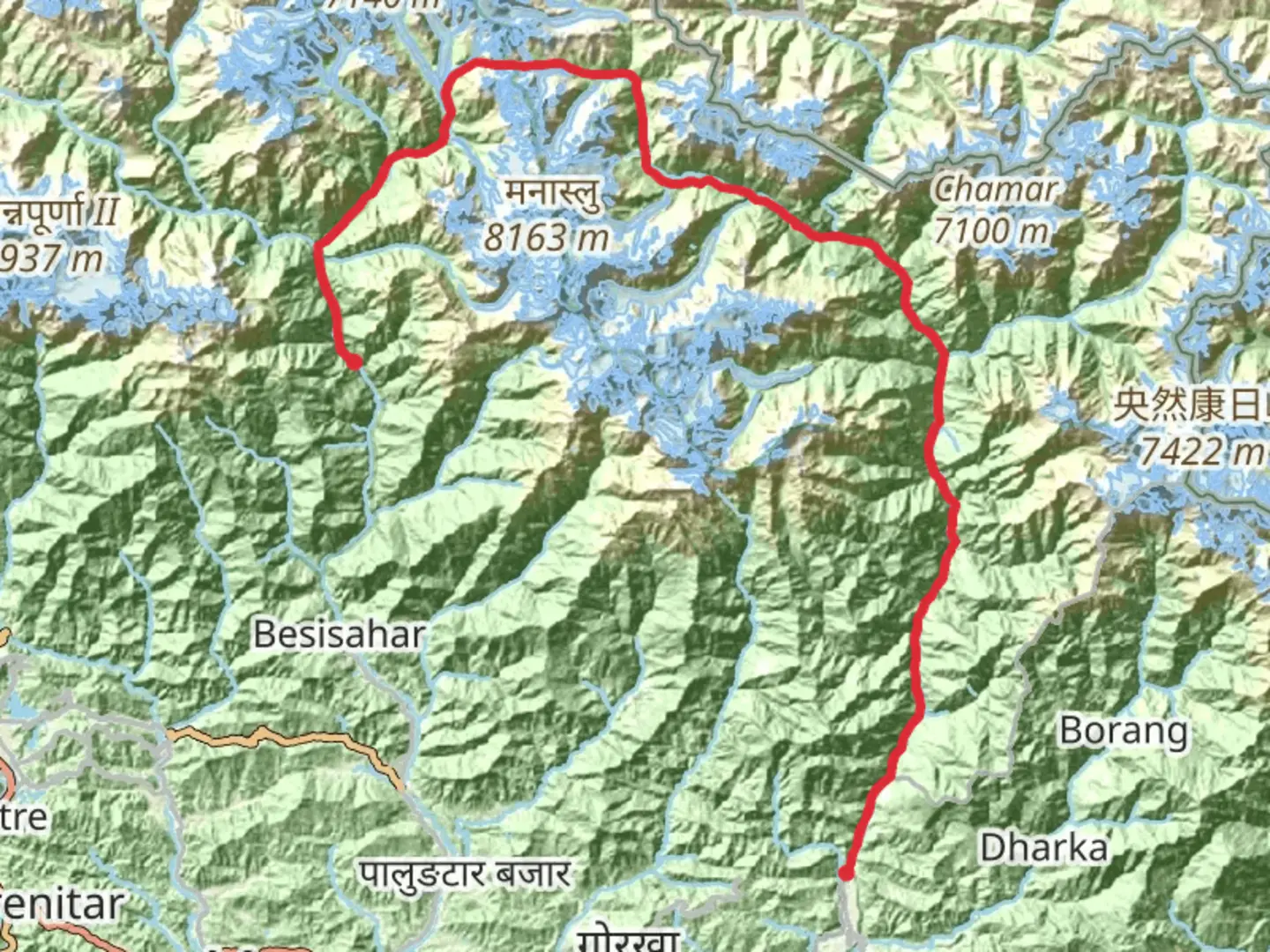 An image depicting the trail Manaslu Trek and its surrounding area.