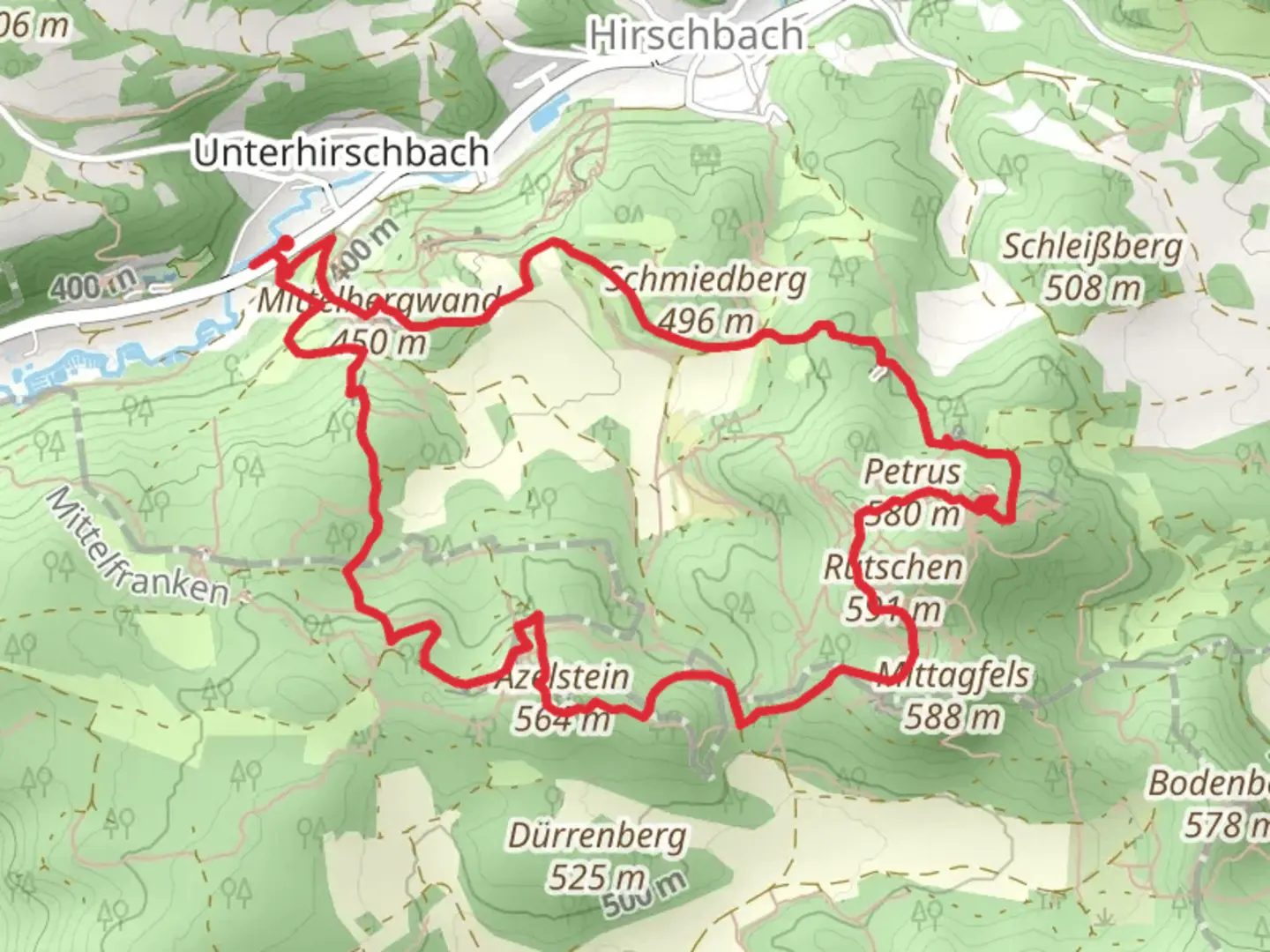 An image depicting the trail Noris Toert, Kastell and Prellstein via Francke-Kamin and Höhenglücksteig and its surrounding area.