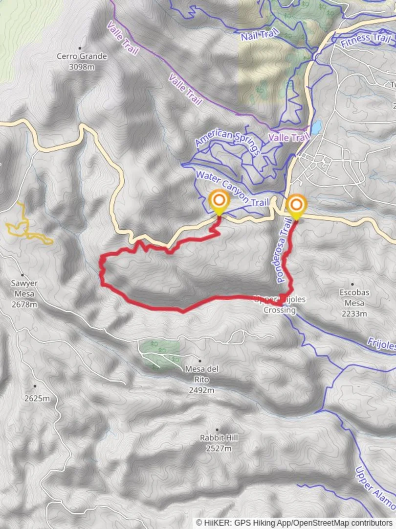 An image depicting the trail Upper Frijoles Crossings via Apache Spring Trail and its surrounding area.