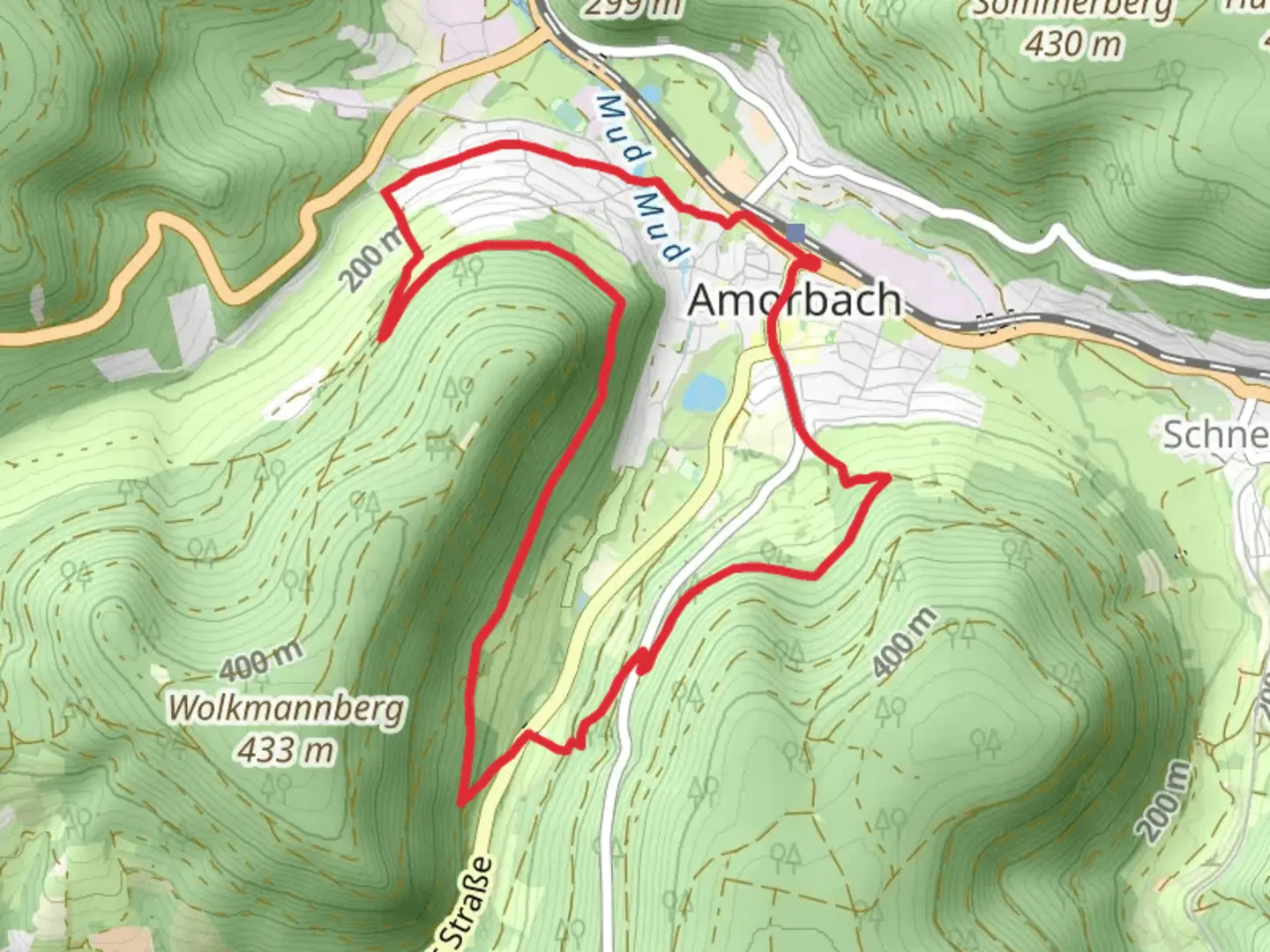 An image depicting the trail Kastanienweg and Amorbach and its surrounding area.