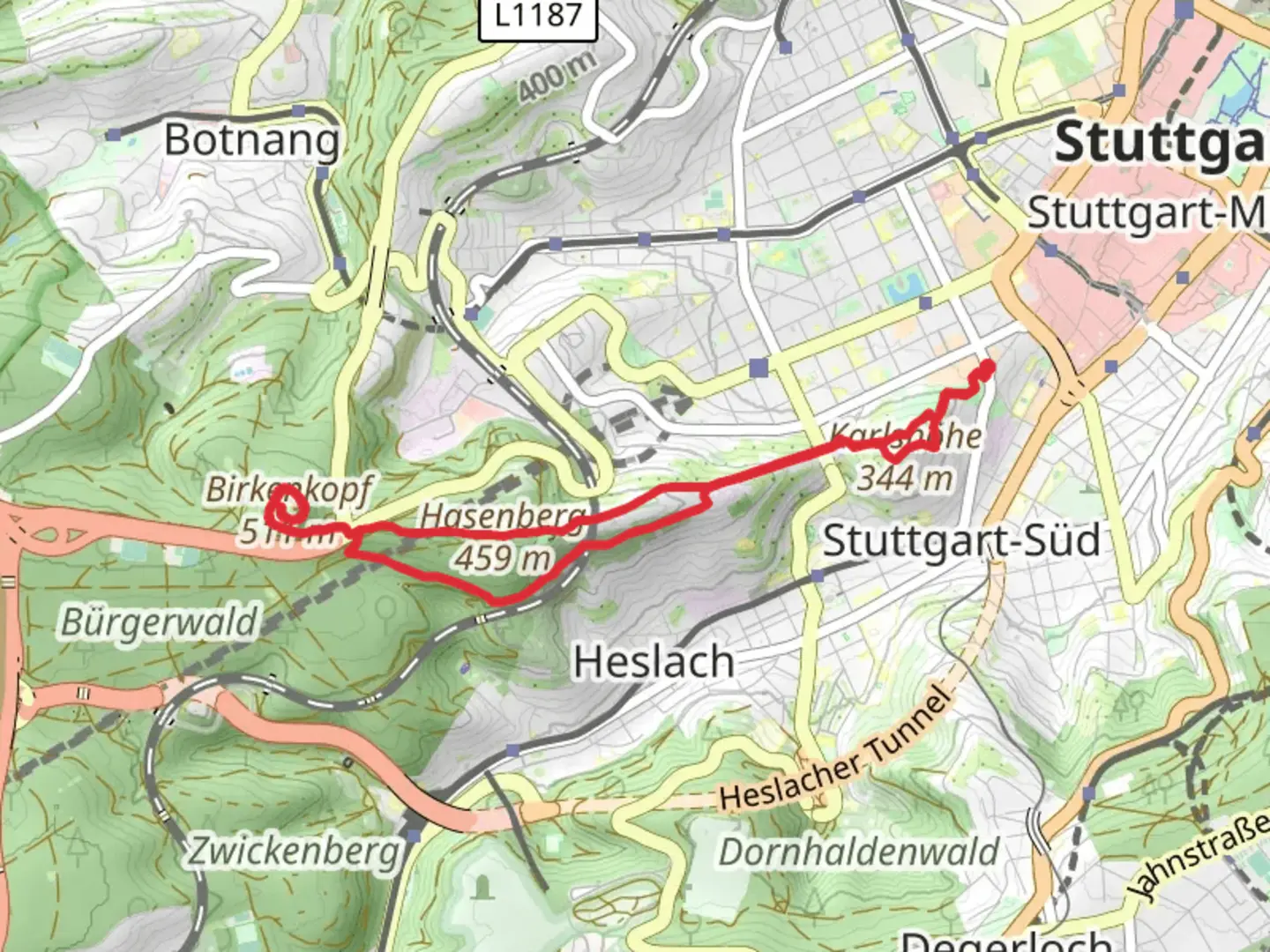 An image depicting the trail Birkenkopf via Binsenplattenweg and Blauer Weg and its surrounding area.