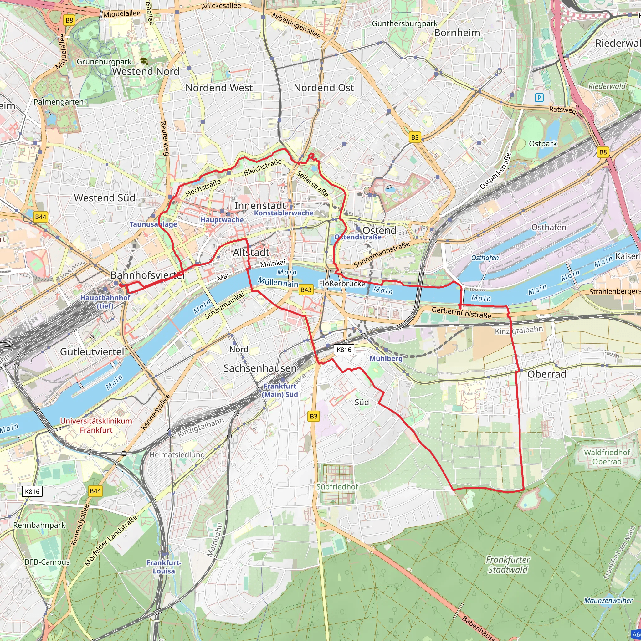 Albert Mangelsdorff Weiher, Jaspisgruene Teich and Rechneigrabenweiher via Mainweg mobile static map