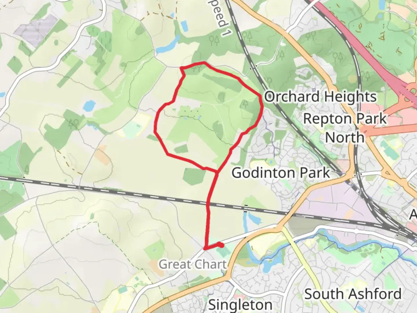 An image depicting the trail Greensand Way, Godingtn Park Walk and Stour Valley Walk and its surrounding area.