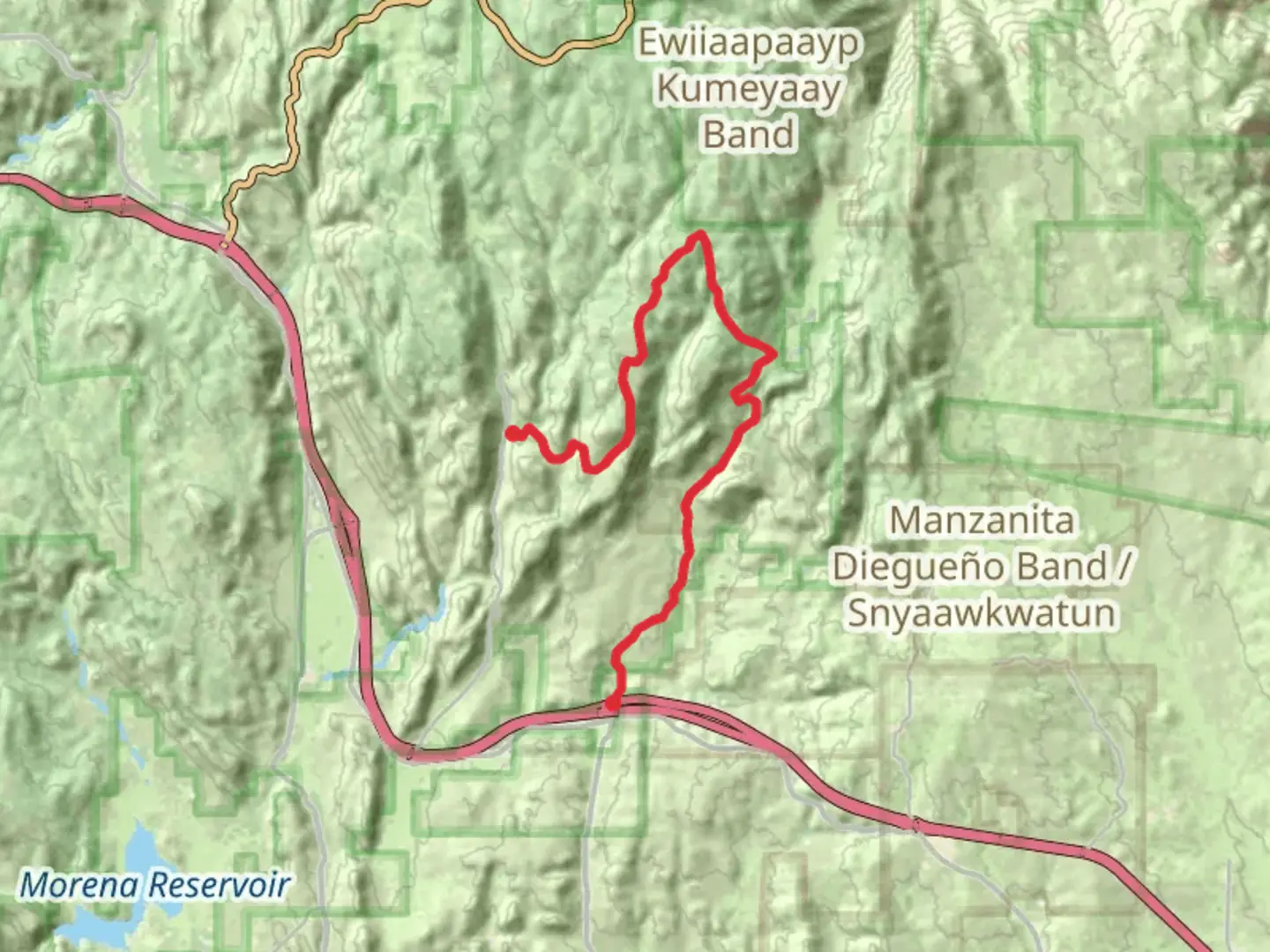 An image depicting the trail Cibbets Flat Campground to Kumeyaay Highway and its surrounding area.