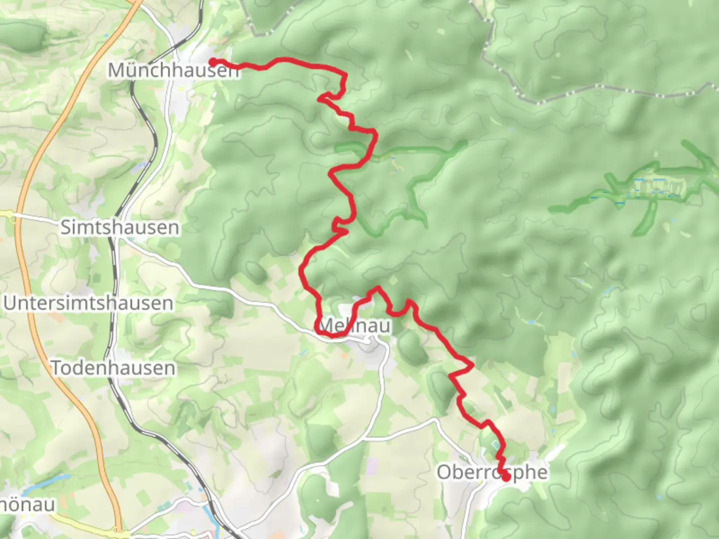 An image depicting the trail Oberrosphe to Münchhausen via Extratour Christenberg and its surrounding area.