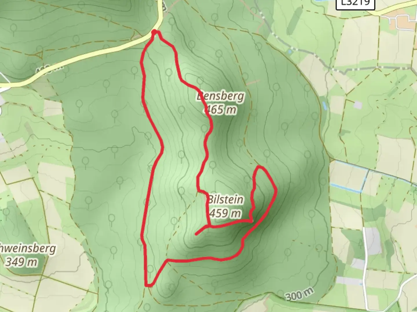 An image depicting the trail Ausssichtspunkt Bocksgeil and Bilstein Loop via Hessenweg 2 and its surrounding area.