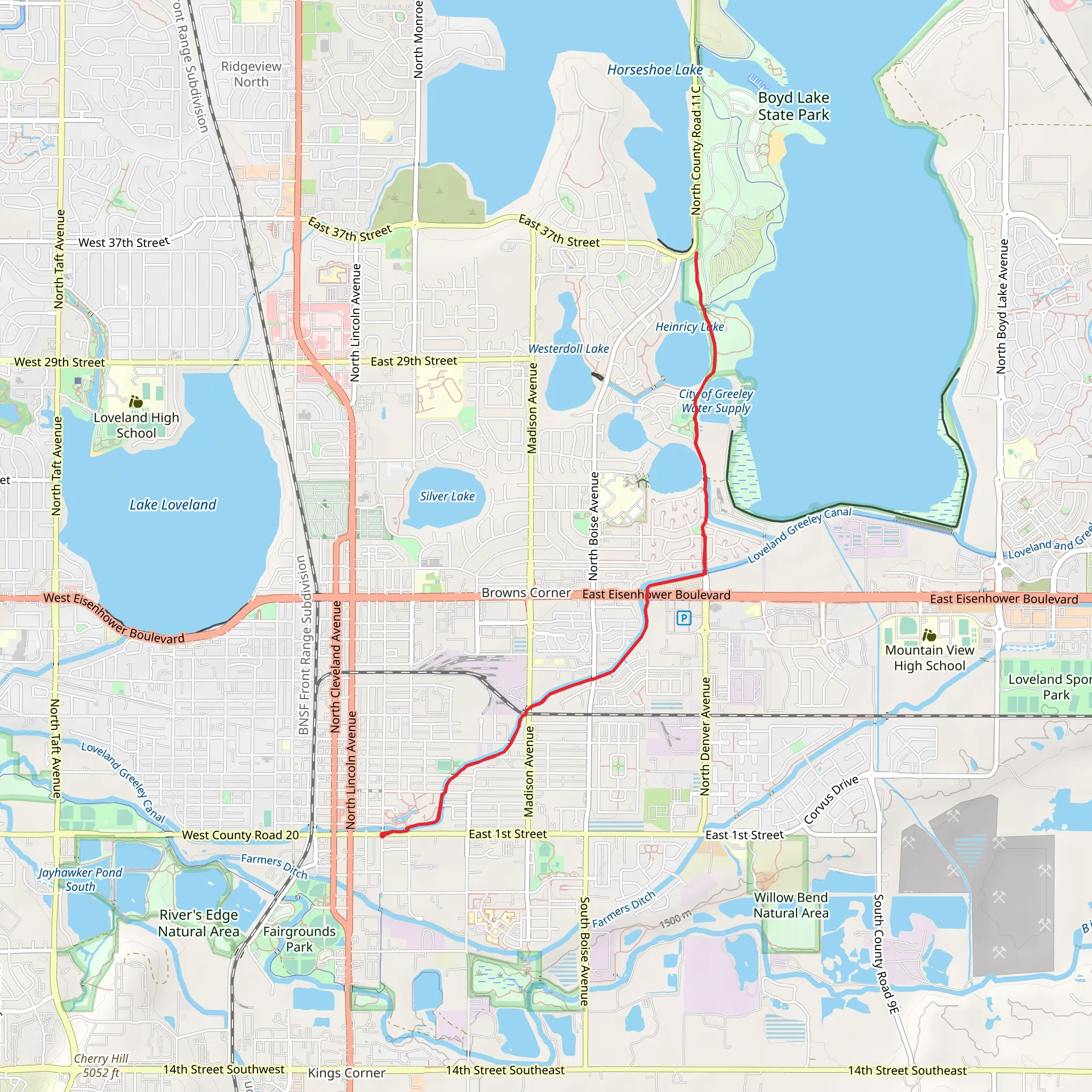 Loveland Greeley Canal via Civic Center Trail mobile static map