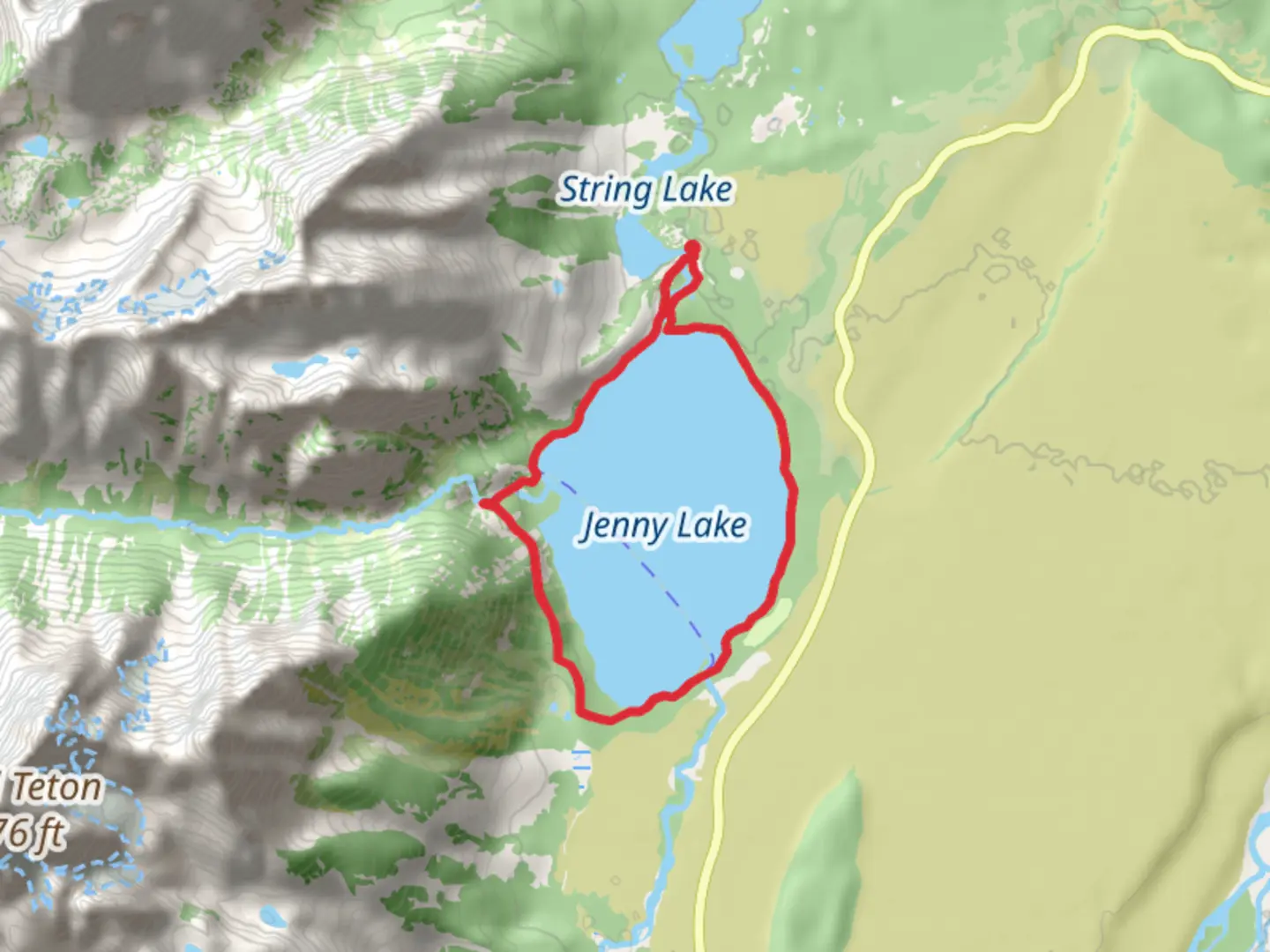 An image depicting the trail Jenny Lake and Hidden Falls Loop Trail and its surrounding area.