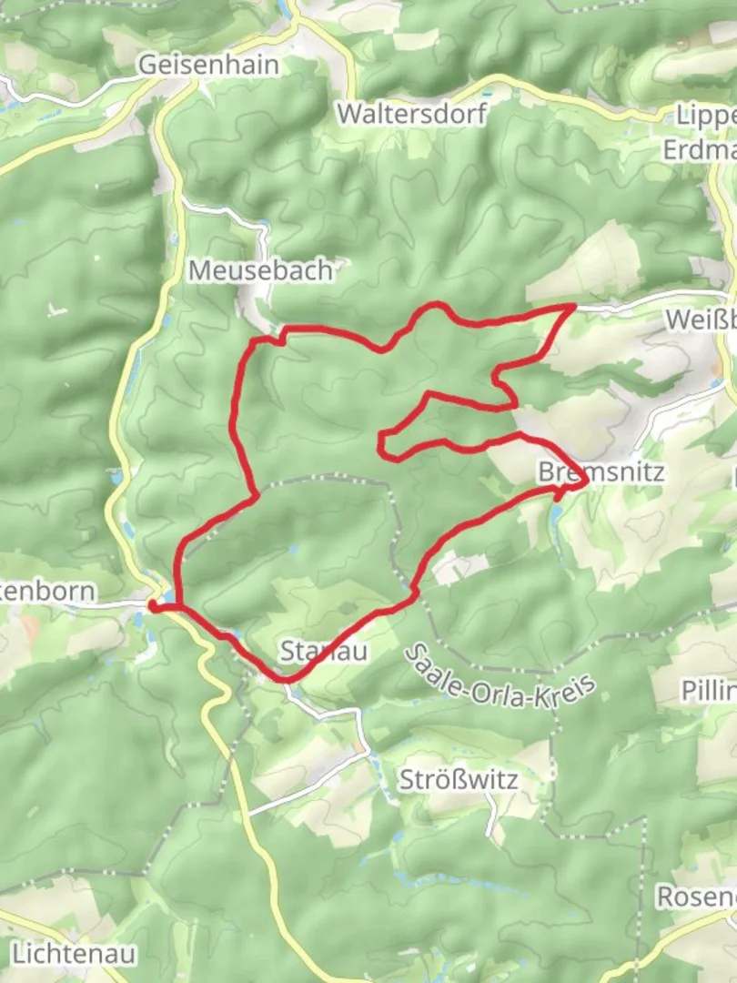 An image depicting the trail Wolfersdorf and Bremsnitz Loop and its surrounding area.