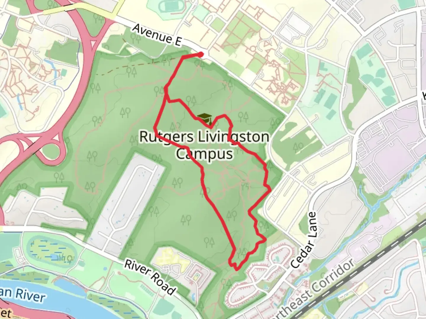 An image depicting the trail Orange, White and Blue Loop - Rutgers Ecological Preserve and its surrounding area.