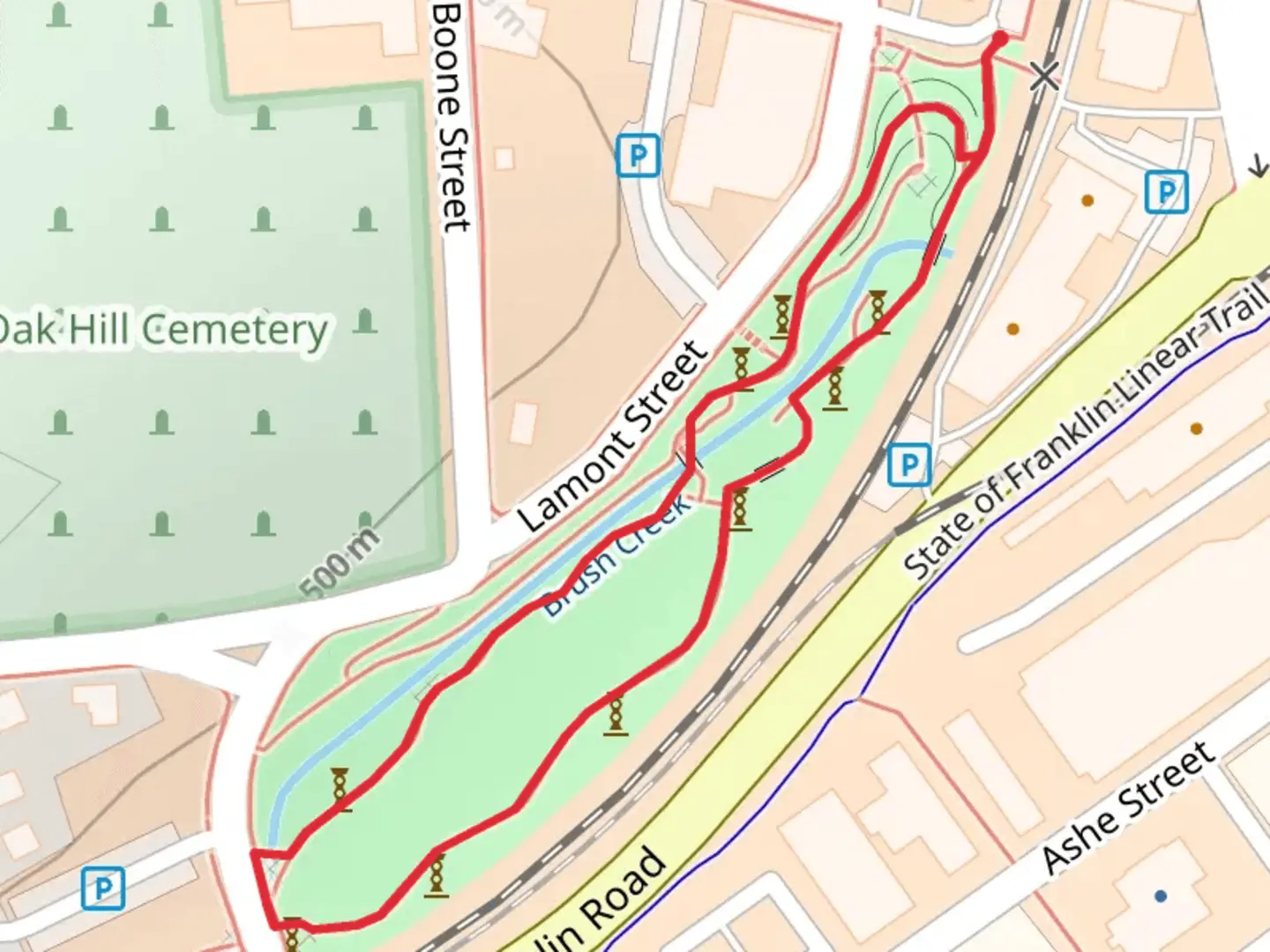 An image depicting the trail Founders Park Loop and its surrounding area.