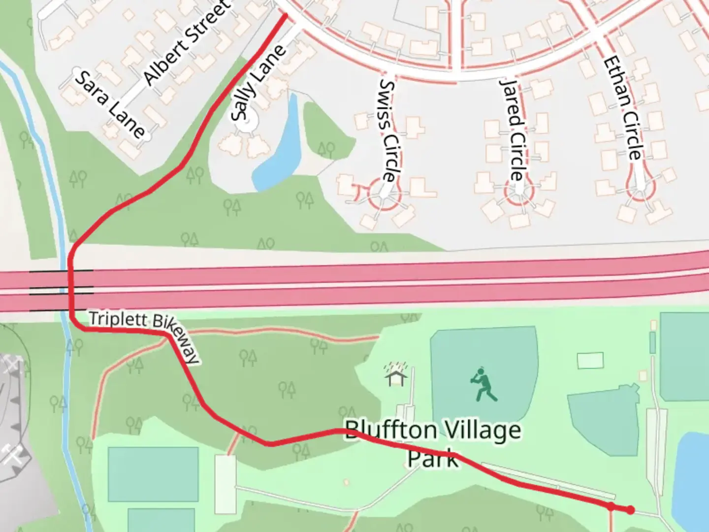 An image depicting the trail Triplett Walkway - Bluffton Village Park and its surrounding area.