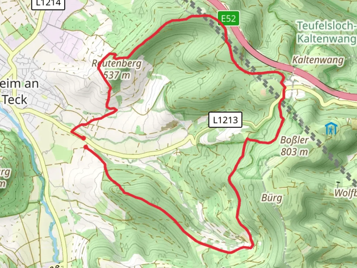 An image depicting the trail Egenfirst, NSG Biospharengebiet and Wolfscherre Loop and its surrounding area.