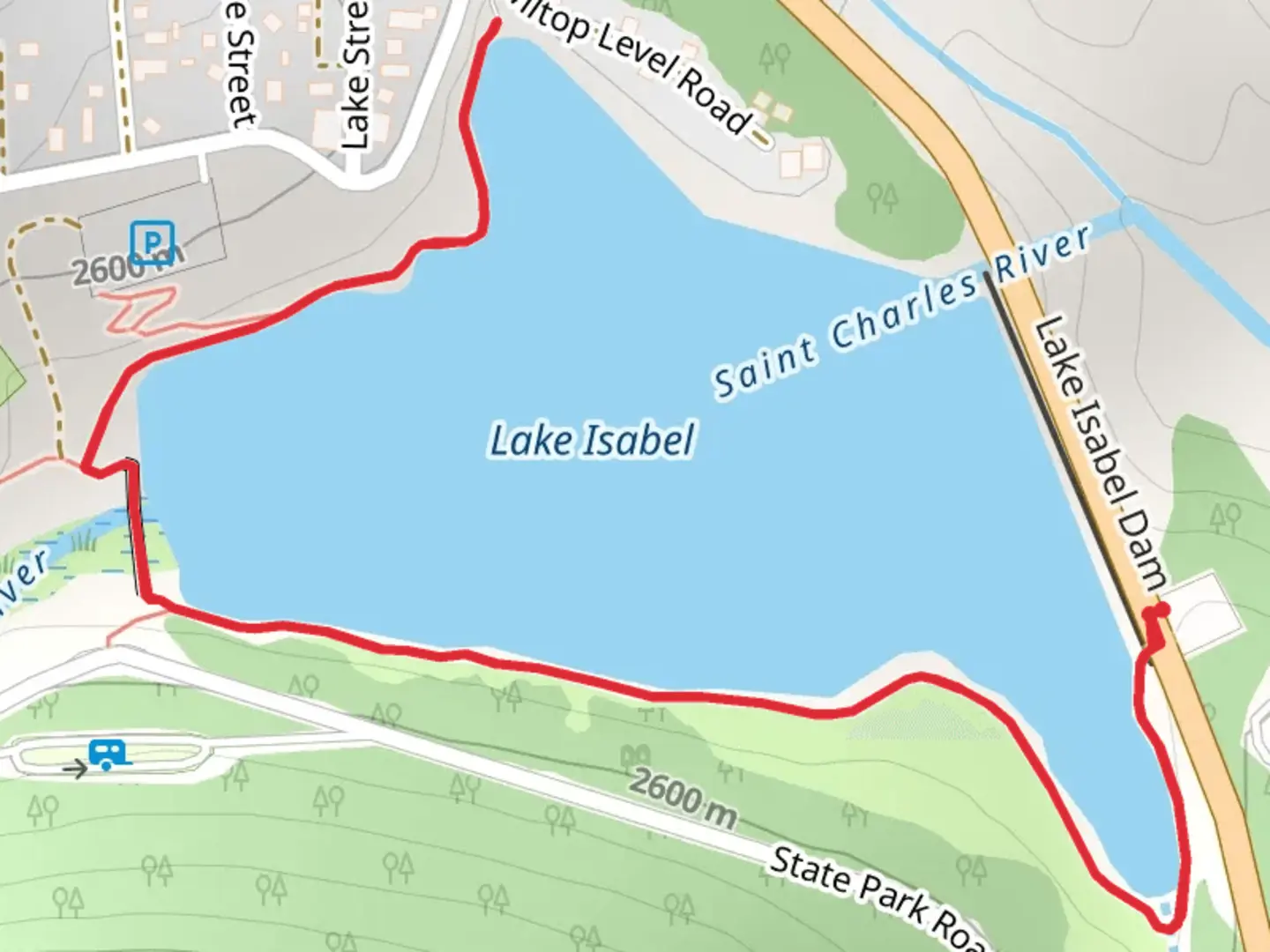 An image depicting the trail Saint Charles River - Lake Isabel and its surrounding area.