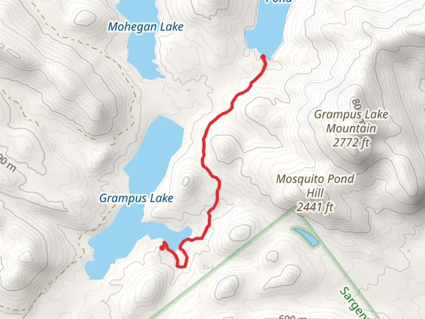An image depicting the trail Grampus Lake and Handsome Pond Out and Back and its surrounding area.