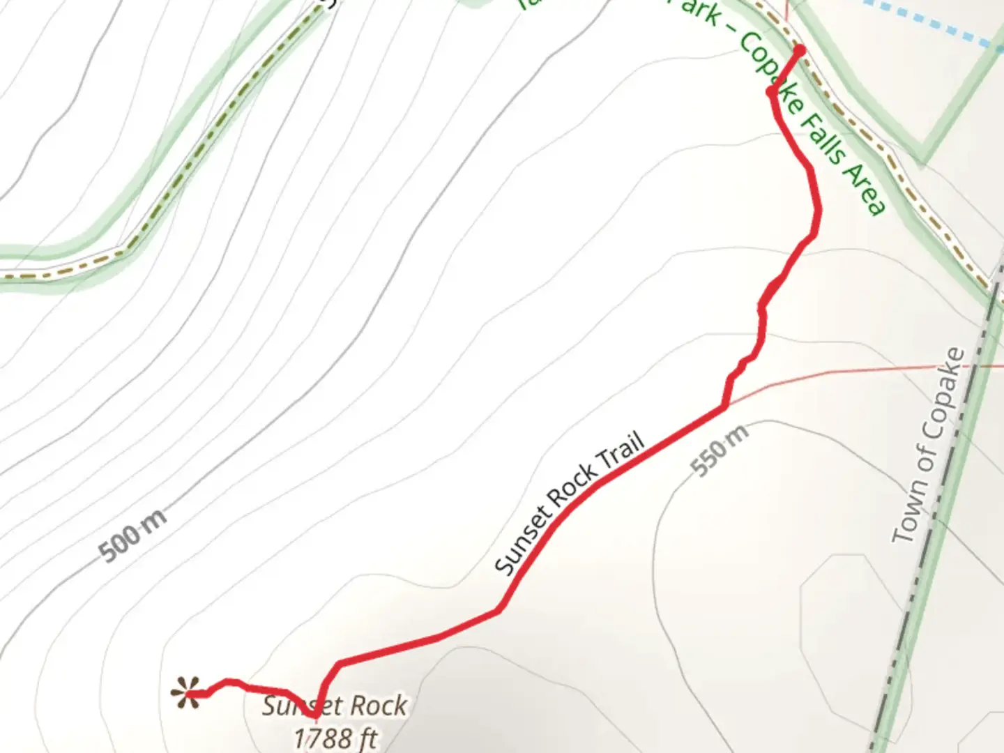 An image depicting the trail Sunset Rock via Sunset Rock Trail and its surrounding area.