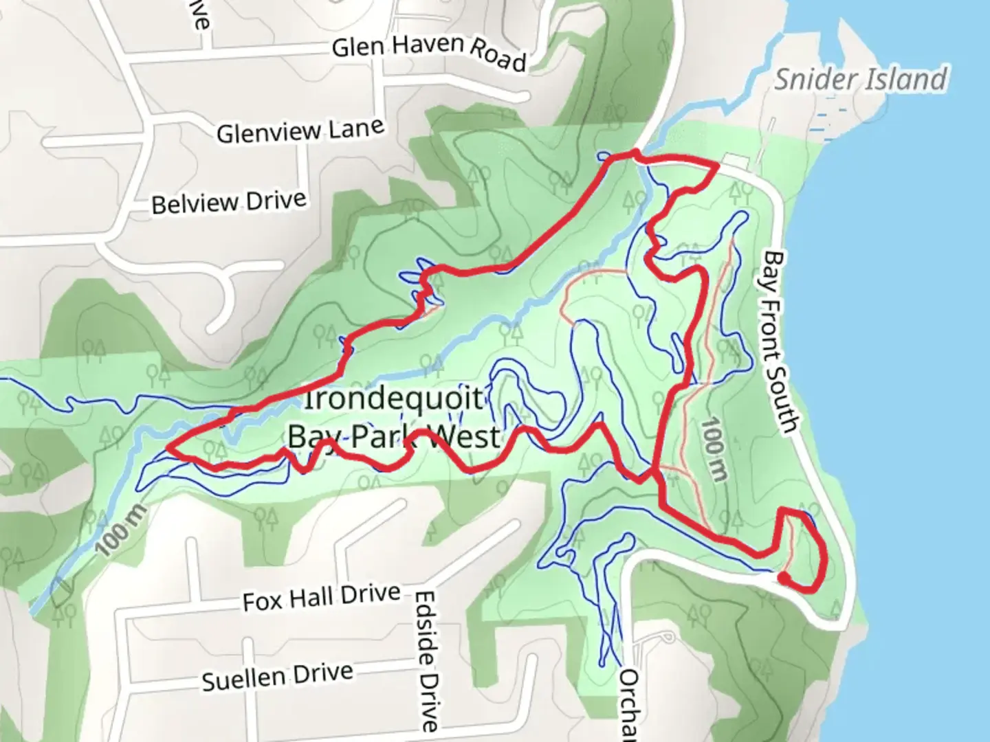 An image depicting the trail Irondequoit Bay Park West Loop from Orchard Park Boulevard and its surrounding area.