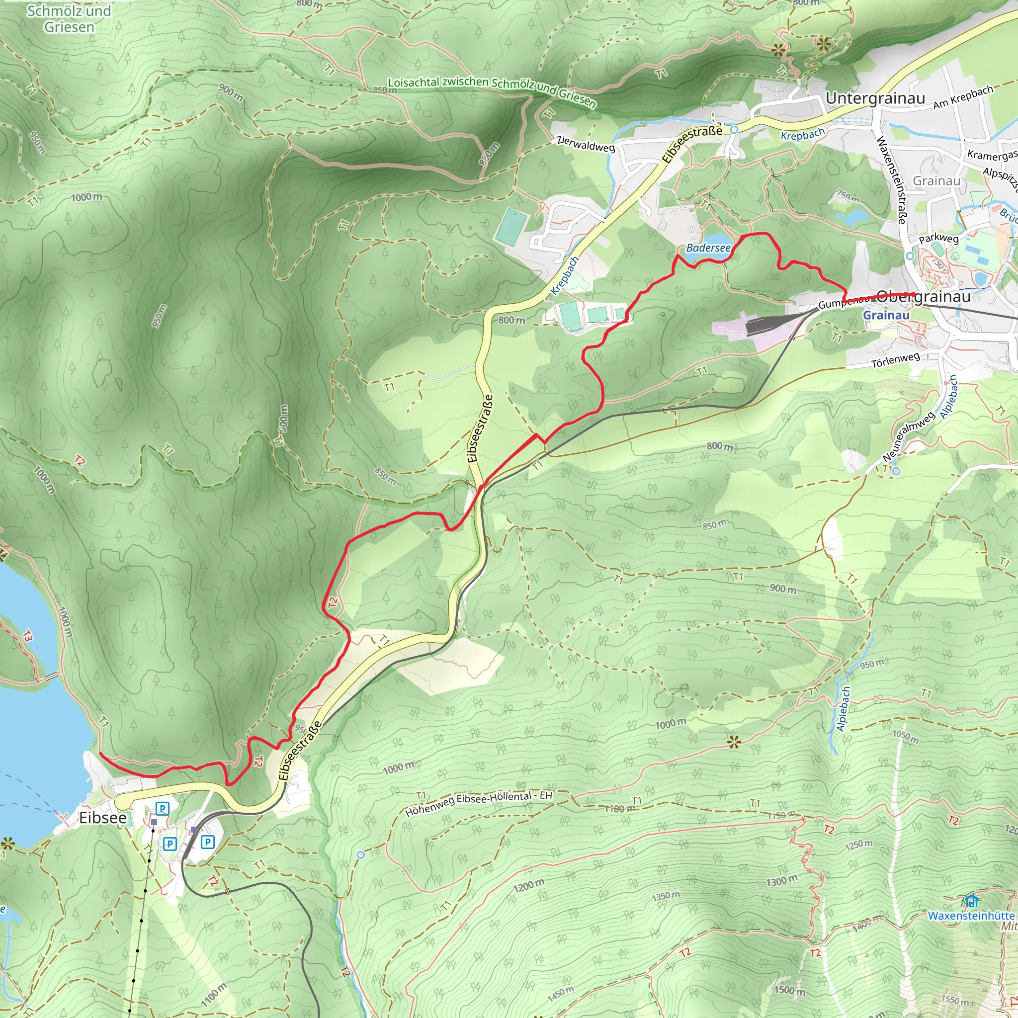 Baderseeweg and Eibsee from Grainau mobile static map