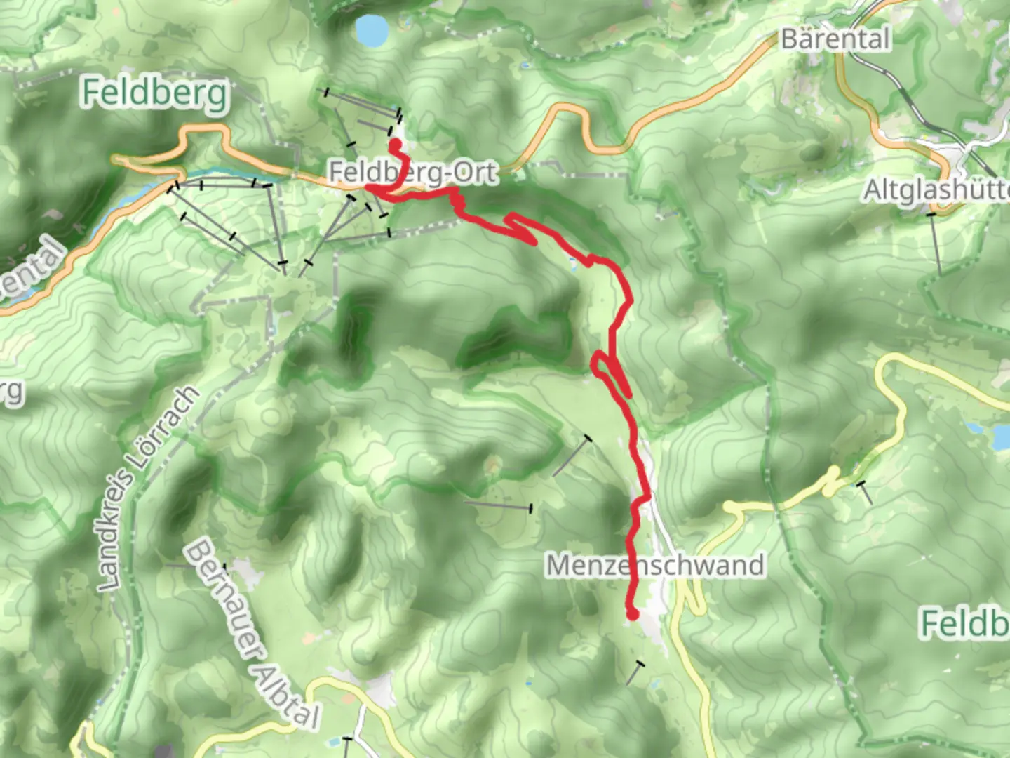 An image depicting the trail Menzenschwand to Feldberg Ort via Albsteig Schwarzwald and its surrounding area.