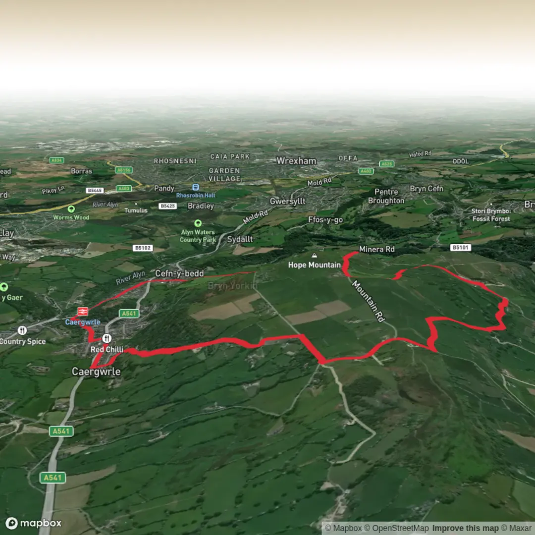 An image depicting the trail Caergwrle-Hope Mountain-Abermorddu-Back of Castle and its surrounding area.