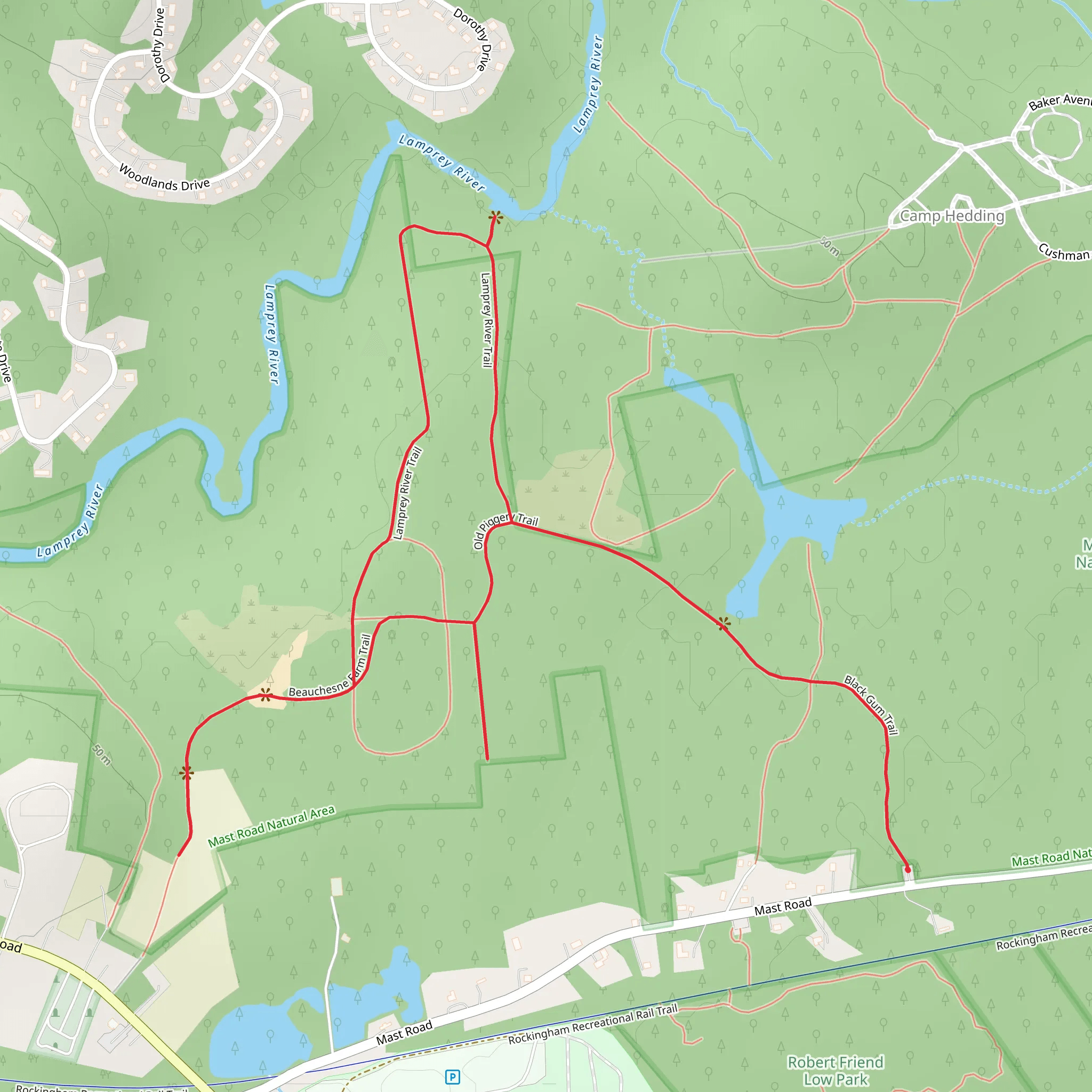 Black Gum Trail and Lamprey River Trail Loop mobile static map
