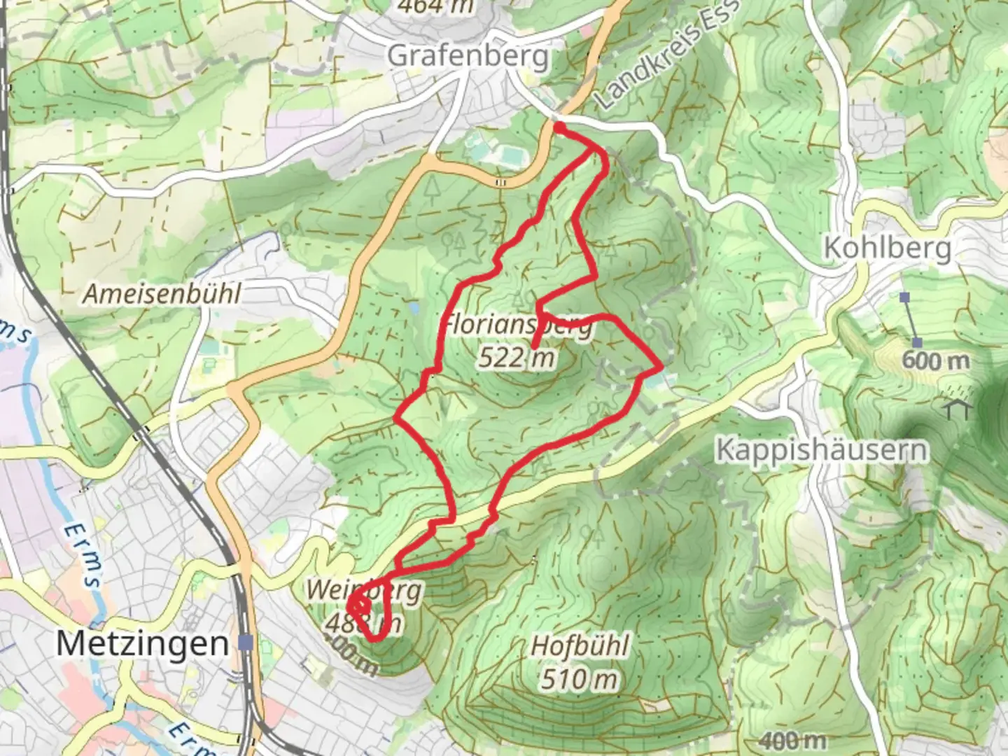 An image depicting the trail Floriansberg and Weinberg via Eduard-Moerike Weg and its surrounding area.