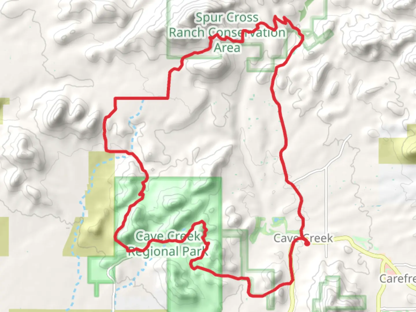 An image depicting the trail Cave Creek Regional Park and Gunsight via Maricopa Trail and its surrounding area.