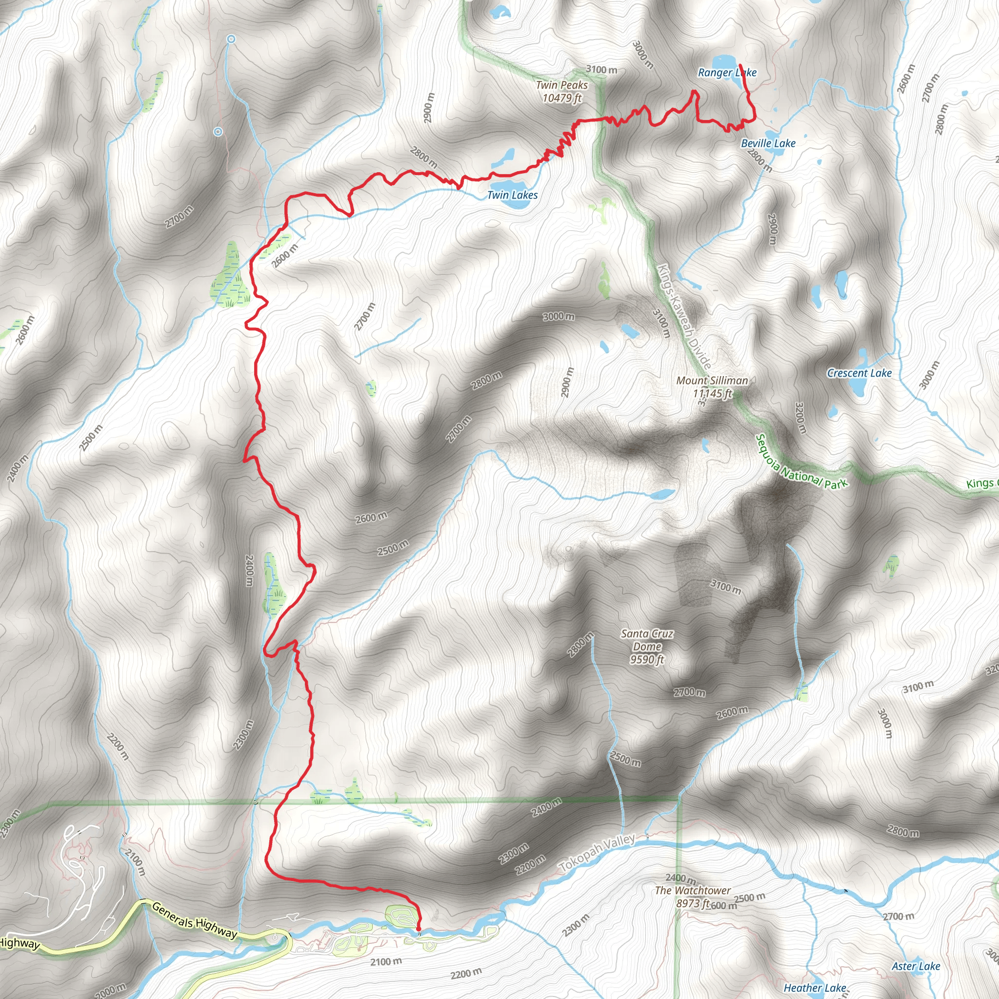 Ranger Lake, Beville Lake and Twin Lakes - Twin Peaks Trail mobile static map