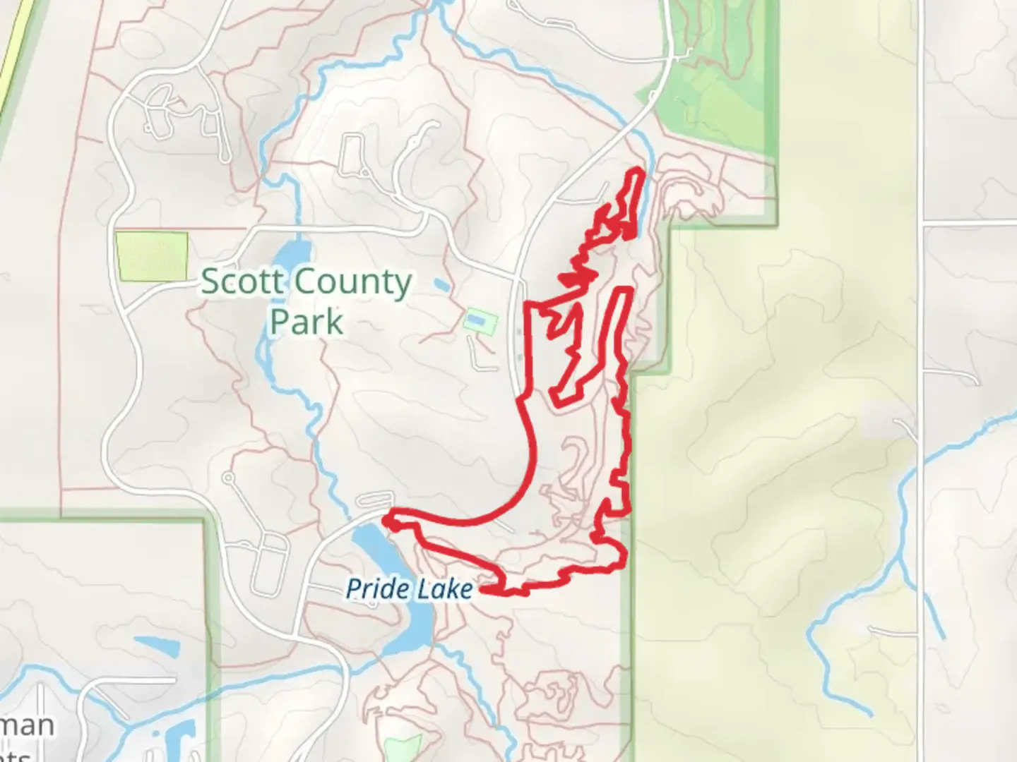 An image depicting the trail Scott County Park Road Loop - Short and its surrounding area.