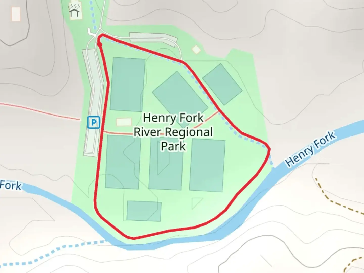 An image depicting the trail Henry Fork River Regional Park Loop and its surrounding area.