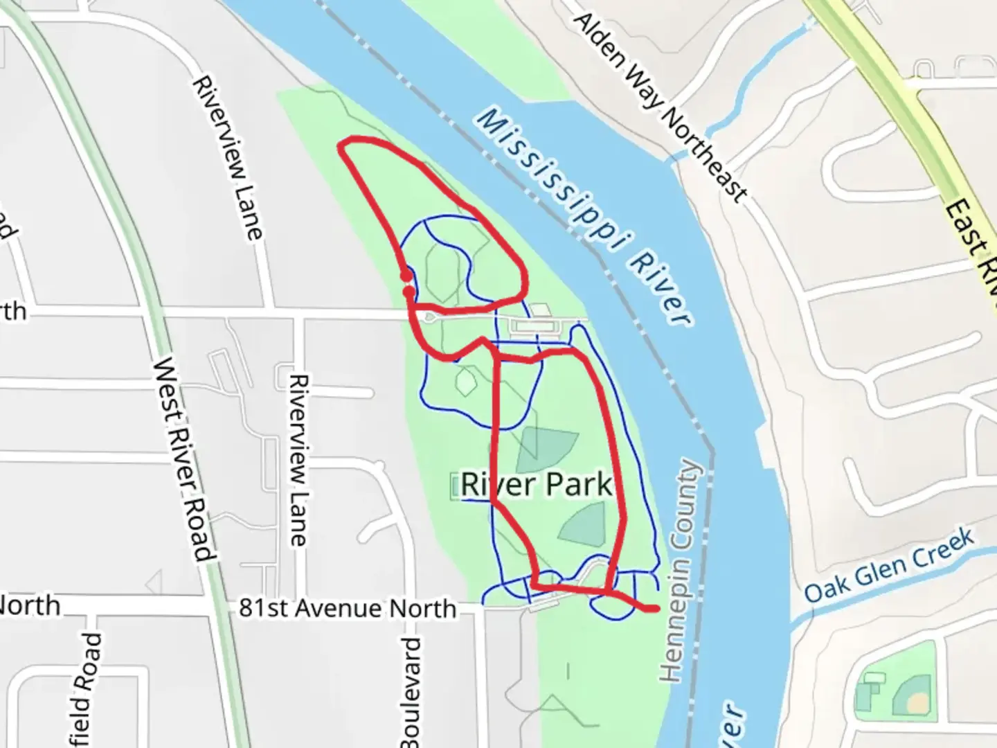 An image depicting the trail Brooklyn Park River Park Loop and its surrounding area.