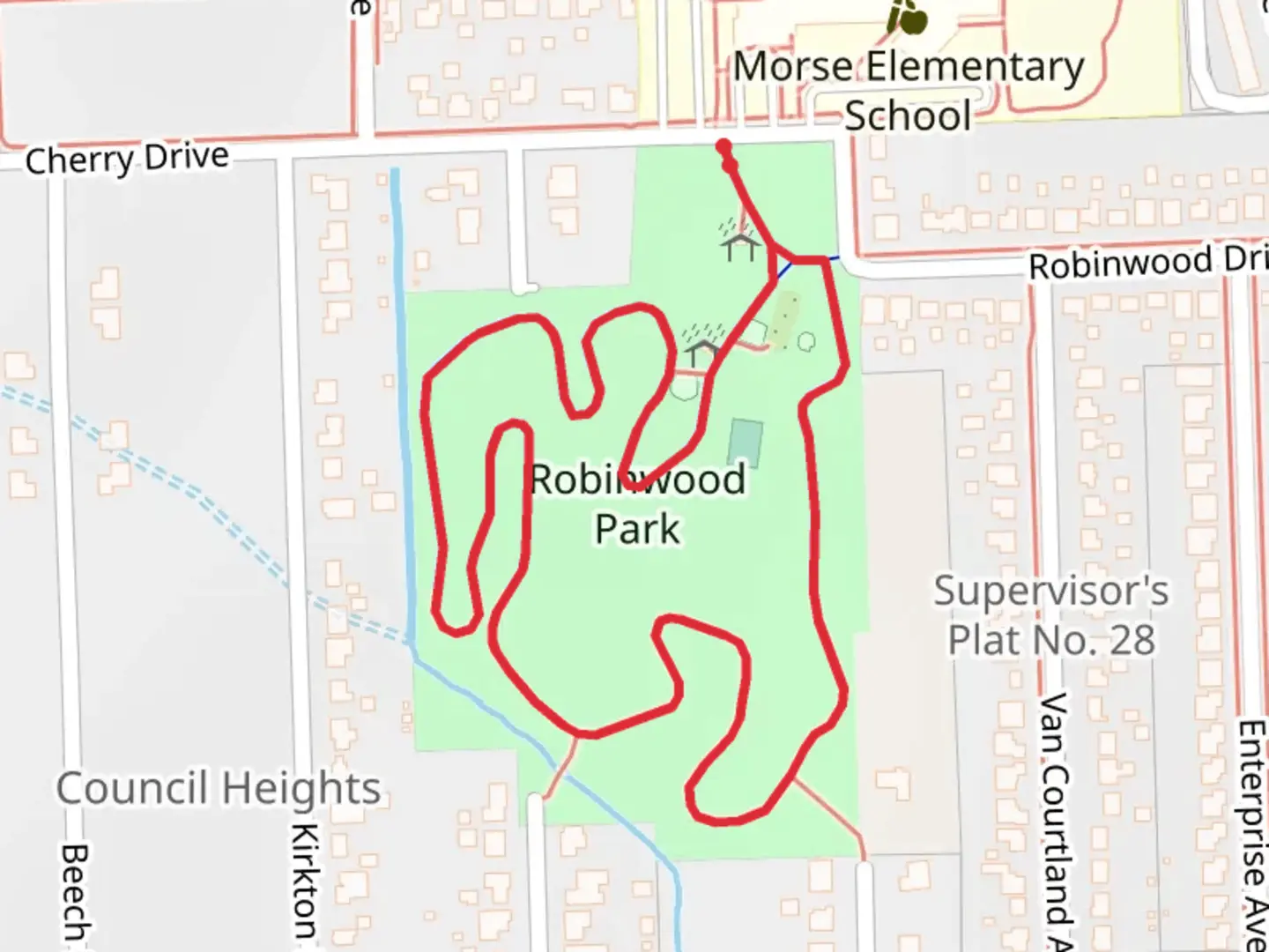 An image depicting the trail Robinwood Park Loop and its surrounding area.