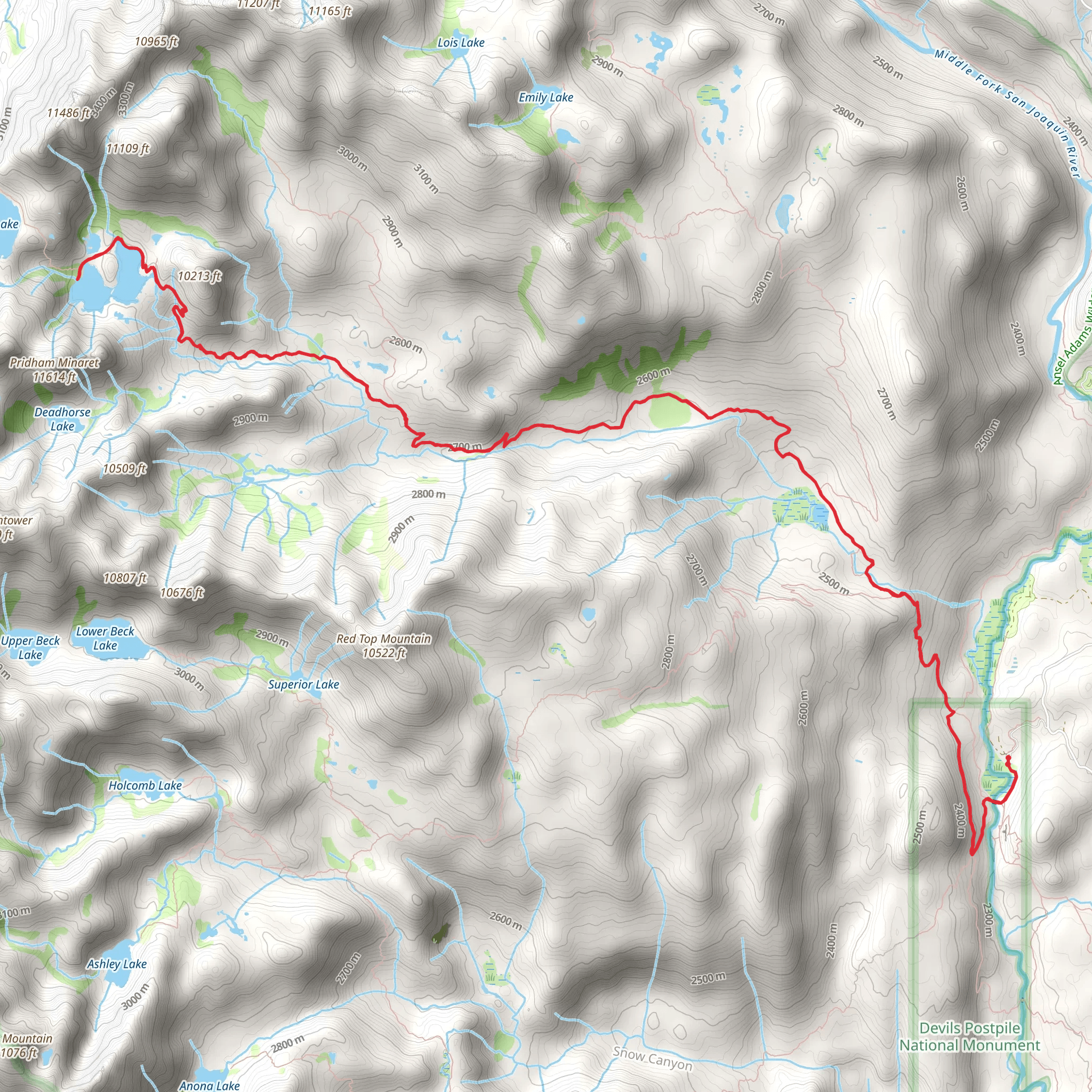 Minaret Lake via John Muir Trail mobile static map